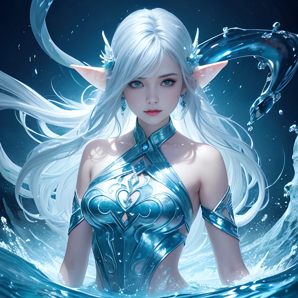 tmasterpiece，top-quality，optimum，offcial art，Beautiful and aesthetic，Long exposure：1.2），Smooth movement，Charming Patterns， 1 rapariga，Adult Russian woman，hitornfreckles，Jade Eyes，Black lob hair， sportrait，独奏，The upper part of the body，gaze at the observer，detailedbackground，Detailed face，(crystallineAI, Crystalline Theme:1.1)，Elemental Water Elves，Swirl water，controlling water，Fantasy Magician's Clothing，dynamicposes，particles floating，Ethereal Power，Eau，steams，ocean in background，Blue tint，shores，Ethereal Atmosphere，