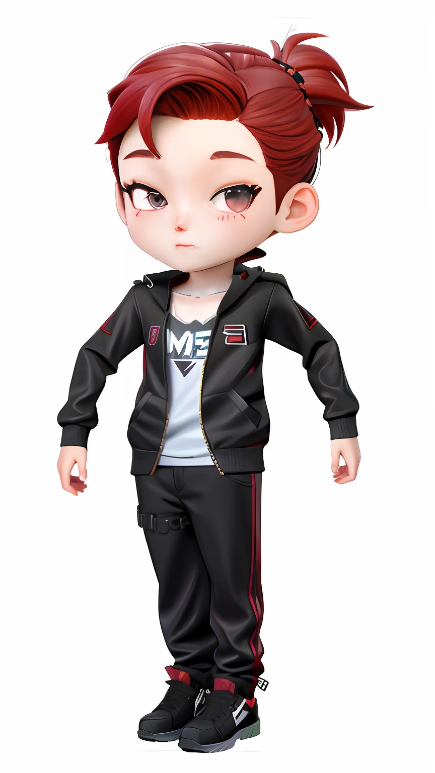 Cartoon boy with red hair and black jacket, !!Full body portrait!!, carismatic, Single character full body, full body portrait of a short!, full bodyesbian!, cartoonish style, full_Body!!, chibiStyle, [ Digital art ]!!, inspired by Kim Myeong-guk, official fanart, he has dark grey hairs, imvu