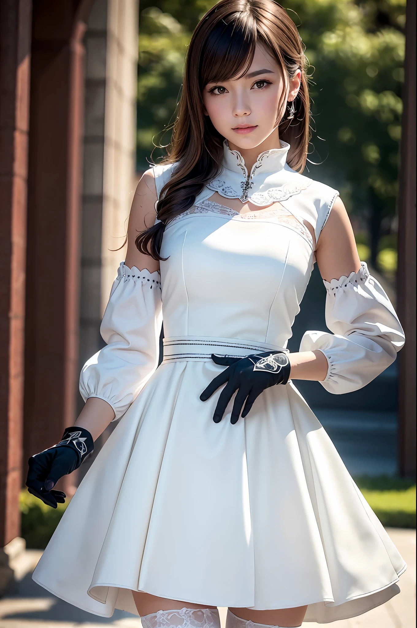 8k, best quality, real picture, intricate details, ultra-detailed, ultra highres, depth field,(photorealistic,realistic:1.2),cowboy shot, full body,(luminecos:1.4),1girl, naughty face, Best quality, masterpiece, ultra high res, RAW photo,masterpiece, best quality, (photorealistic:1.4), (narrow waist:1.2), delicate face
, outdoors,blurry background,
gloves, dress, black gloves, white dress, fingerless gloves, detached sleeves, thighhighs,
mafuyu,