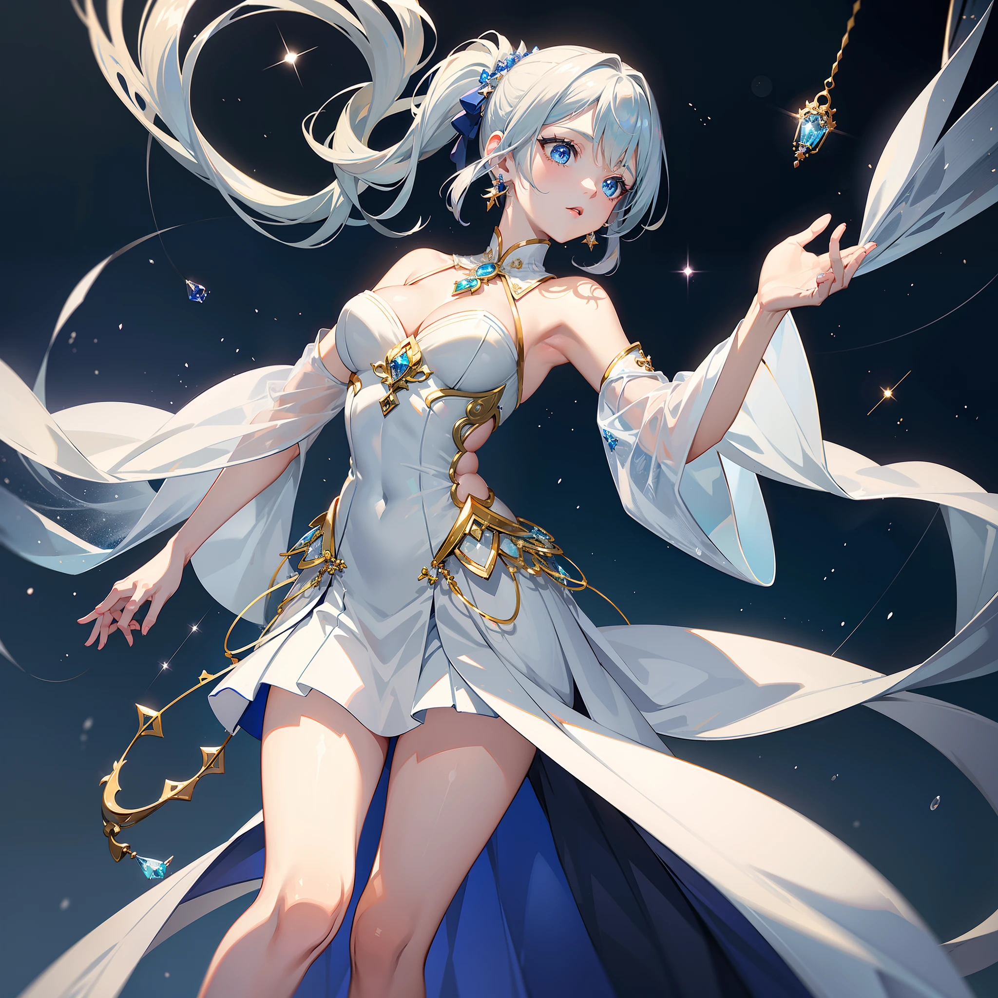 ・((Original Characters)): (Airen)
・((Volume Lighting)): (Glitter)
・((portlate)): (Deep Blue Eyes)
・((hair style)): (Pure white ponytail)
・((Hairpin)): (Transparent crystallization)
・((makeups)): (Silver lame)
・((garments)): (Transparent Long Dress)
・((accessorized)): (Silver necklace、Wind chime earrings)
・((the pose)): (Planktonic)
・((Background with)): (Vast Land)

・((Quality and detailed evaluation)): (Exquisite transparency and wind sway:1.25)
・((Character type)): (独奏:1.3)