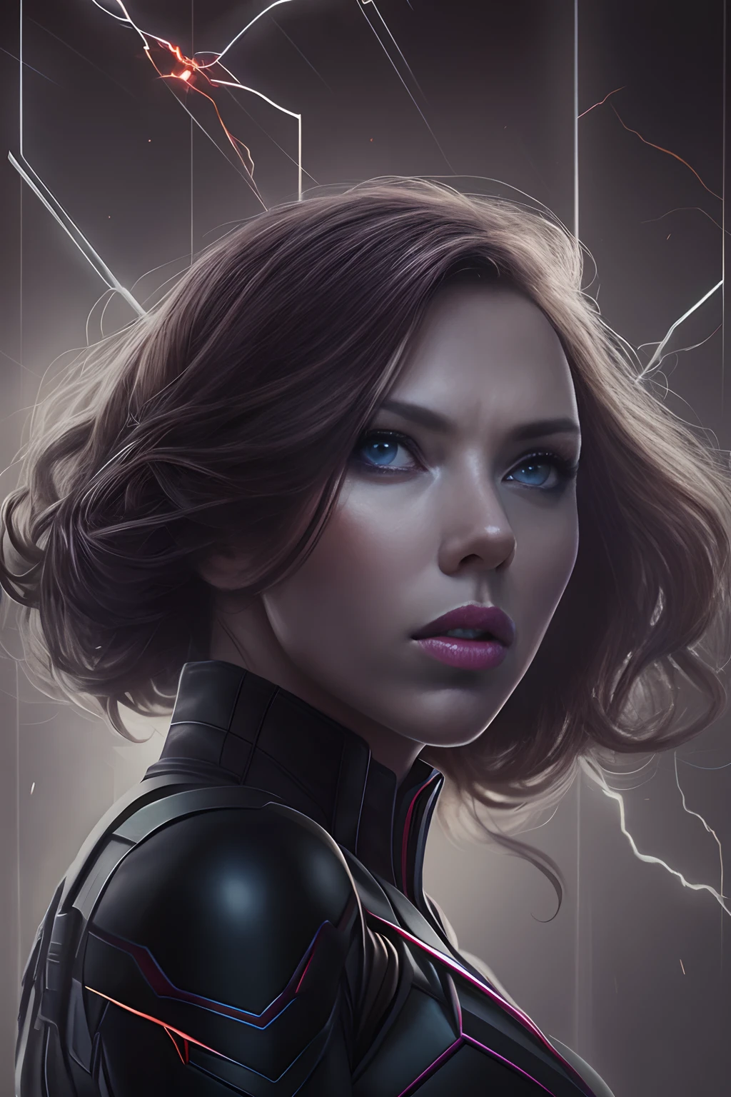 Marvel version of Black Widow portrait,((Hold the electric baton:1.3)),(Scarlett Johansson:1.8)full-body portraits,Fighting posture,Vicious eyes,com rosto detalhado,Slightly vicissitudes, Award-winning photo、Bokeh、, surrealism, Cinematic lighting, shadowing, High details, High quality, Award-Awarded,