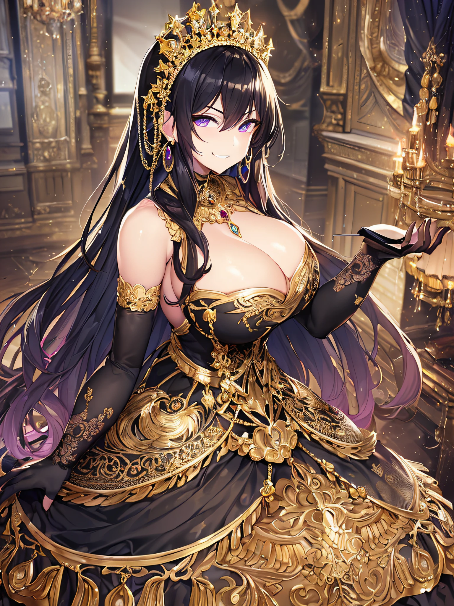 ((anime artstyle)),(Masterpiece),(Best Quality),(Super Detail),(Very Delicate and Beautiful),Solo,(((full body))),from above,BlingBling,(standing in the royal palace),((1 arrogant queen in beautiful embroidery black and gold gorgeous rococo ballgown with gorgeous and voluminous full length hoop skirt)),(crinoline),gorgeousfull embroidery,Long train,((arrogant,haughty)),(((arrogant smile))),Sharp eyes,((gorgeous gemstone jewelry)),detailed face and eyes,jewel-like eyes,Purple eyes,(Bangs between eyes),((large amount of straight hair,extremely Long voluminous black Hair)),((gigantic tits,Long tits)),gorgeousfull embroidery,cleavage,extremely gorgeousfull hair ornament,(bling-bling extremely gorgeousfull jeweled tiara),gorgeous corsage,(Dynamic Angle),Looking at viewer,(((full body))),((beautiful embroidery black and gold gorgeous rococo ballgown with  gorgeous and voluminous full length hoop skirt))