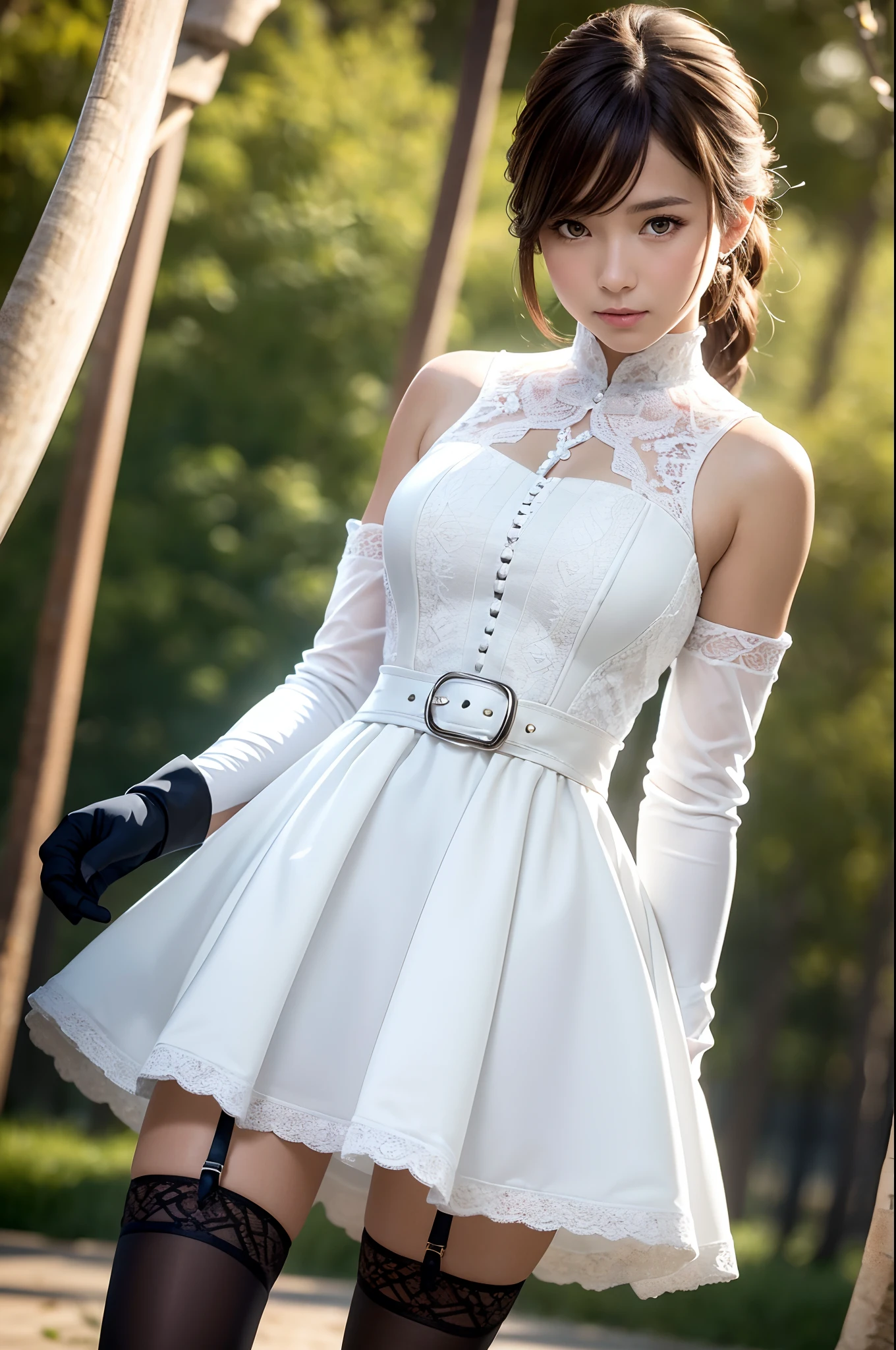 8k, best quality, real picture, intricate details, ultra-detailed, ultra highres, depth field,(photorealistic,realistic:1.2),cowboy shot, full body,(luminecos:1.4),1girl, naughty face, Best quality, masterpiece, ultra high res, RAW photo,masterpiece, best quality, (photorealistic:1.4), (narrow waist:1.2), delicate face
,  outdoors,blurry background,
gloves, dress, black gloves, white dress, fingerless gloves, detached sleeves, thighhighs,
mafuyu,