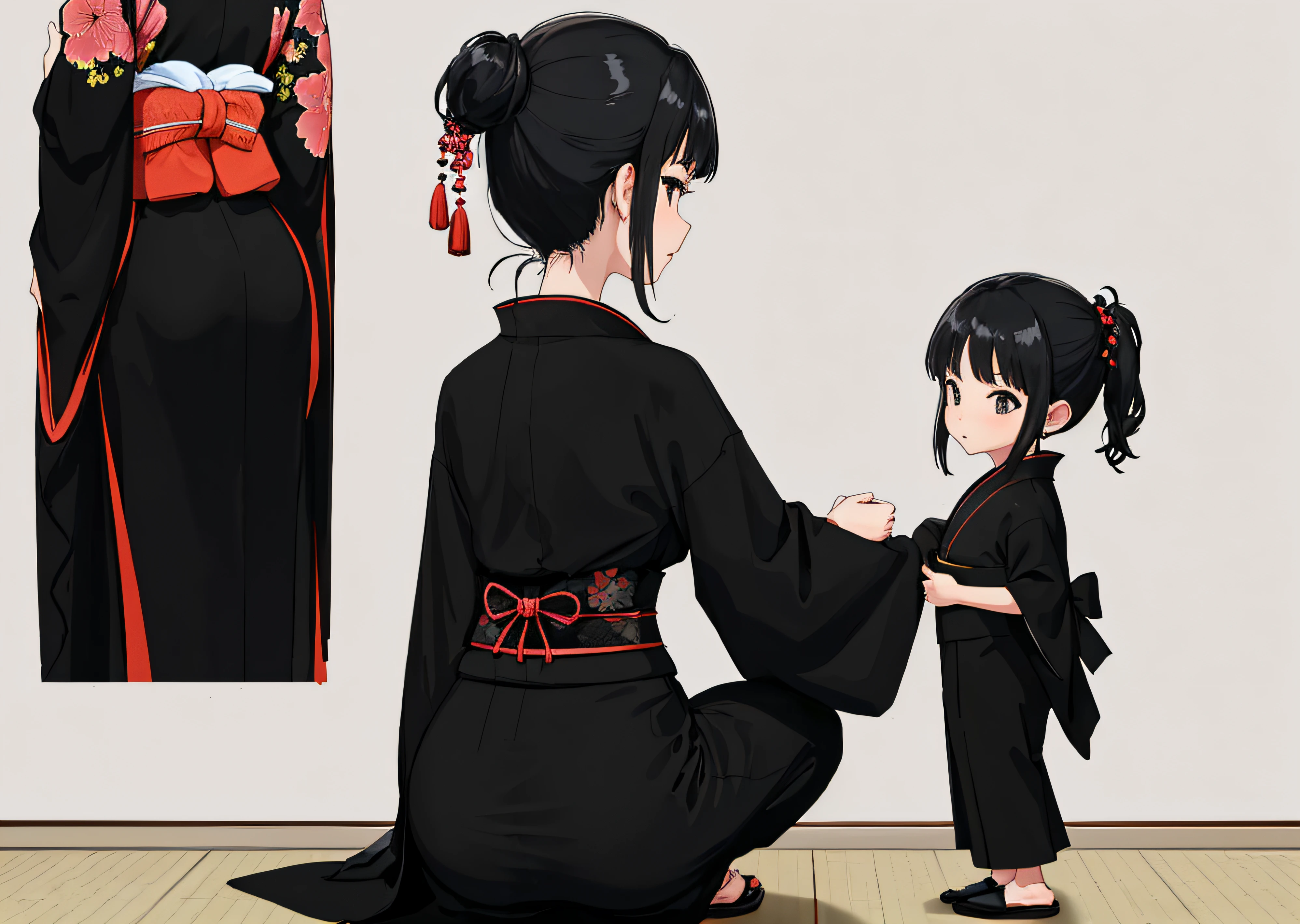 Back view of an old lady in a black kimono、Back view of a in a black kimono