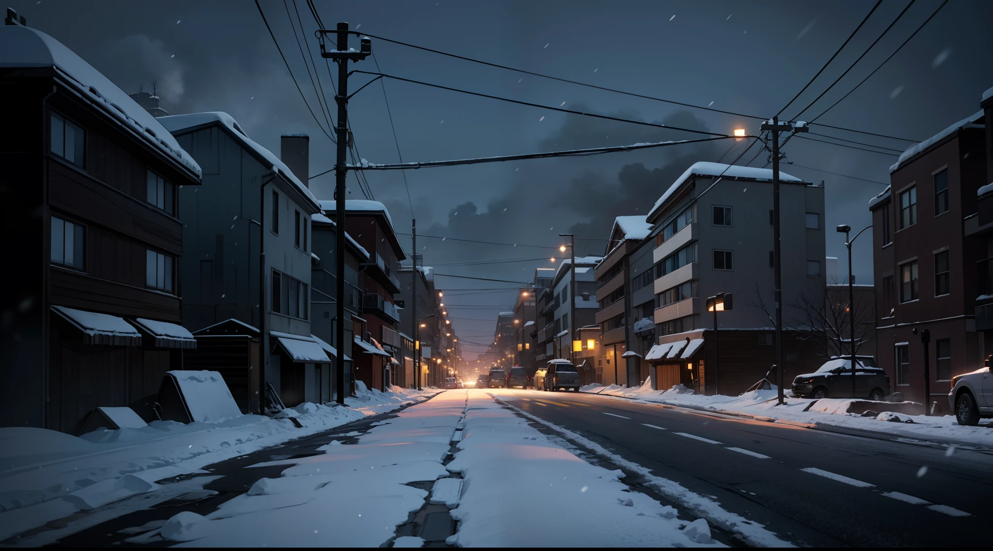Snowy street with cars parked on both sides of it at night - SeaArt AI
