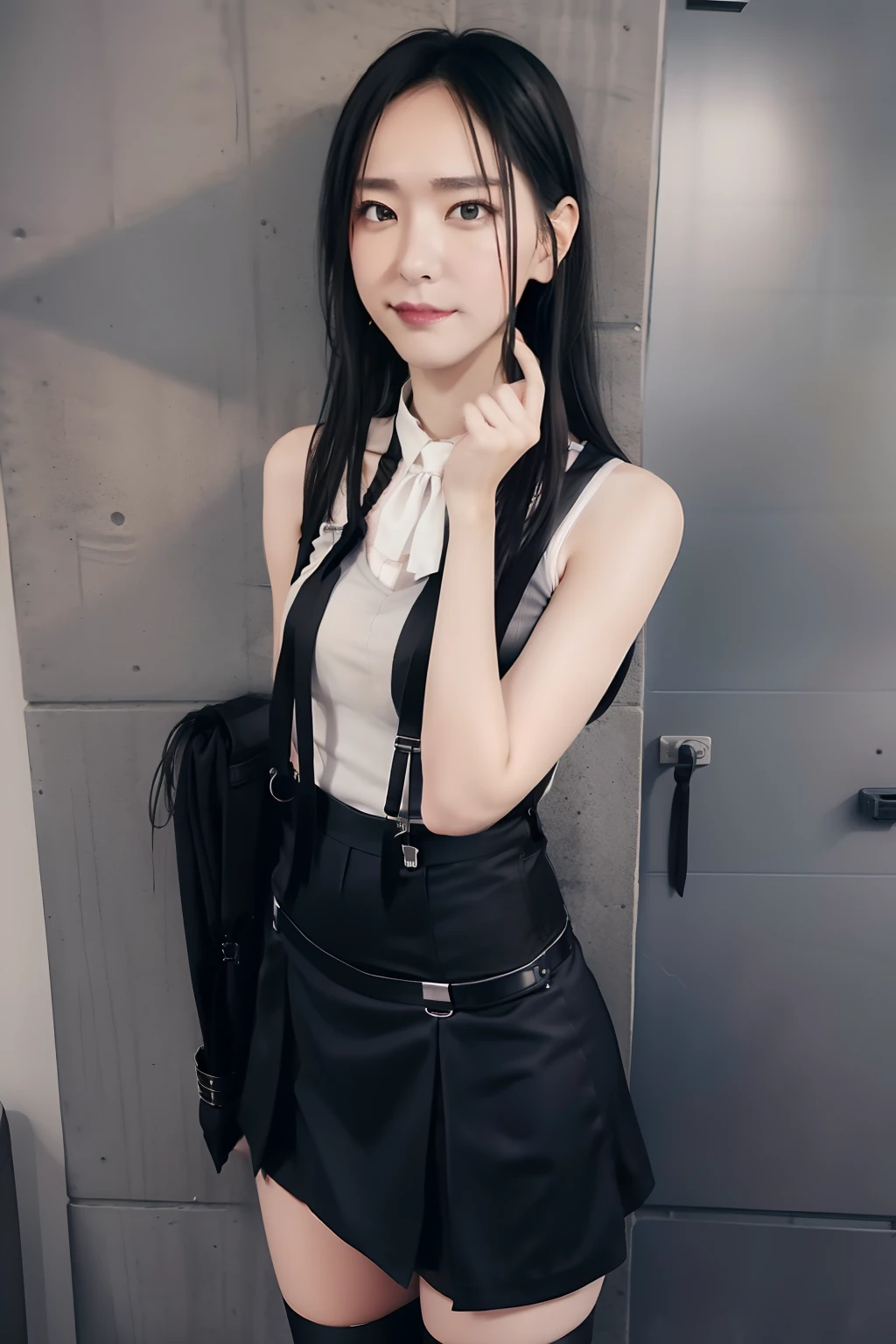 a black skirt, neck tie, Tank Tops suspenders, Long Black Hair, Gray eyes, holster, Garter belt on the legs, , Moderately breasts, Pichi Pichi clothes, both sides deadpan Behind