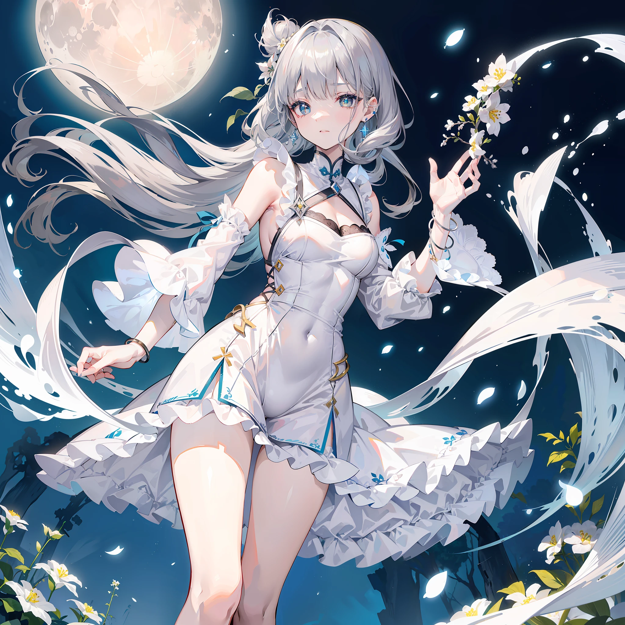 ・((Original Characters)): (a moon)
・((Volume Lighting)): (with light glowing)
・((portlate)): (green pupils)
・((hair style)): (Gray hair, medium height, Wavy)
・((Hairpin)): (Moon-shaped silver pin)
・((makeups)): (Pale Pink Eyeliner)
・((garments)): (Blue Silver One Piece)
・((accessorized)): (Teardrop earrings and moon-shaped bracelet)
・((the pose)): (Hand gestures)
・((Background with)): (Garden with white flowers)
・((Overall impression)): (pure)
・((Quality and detailed evaluation)): (high-class sense:1.25)
・((Character type)): (独奏:1.3)