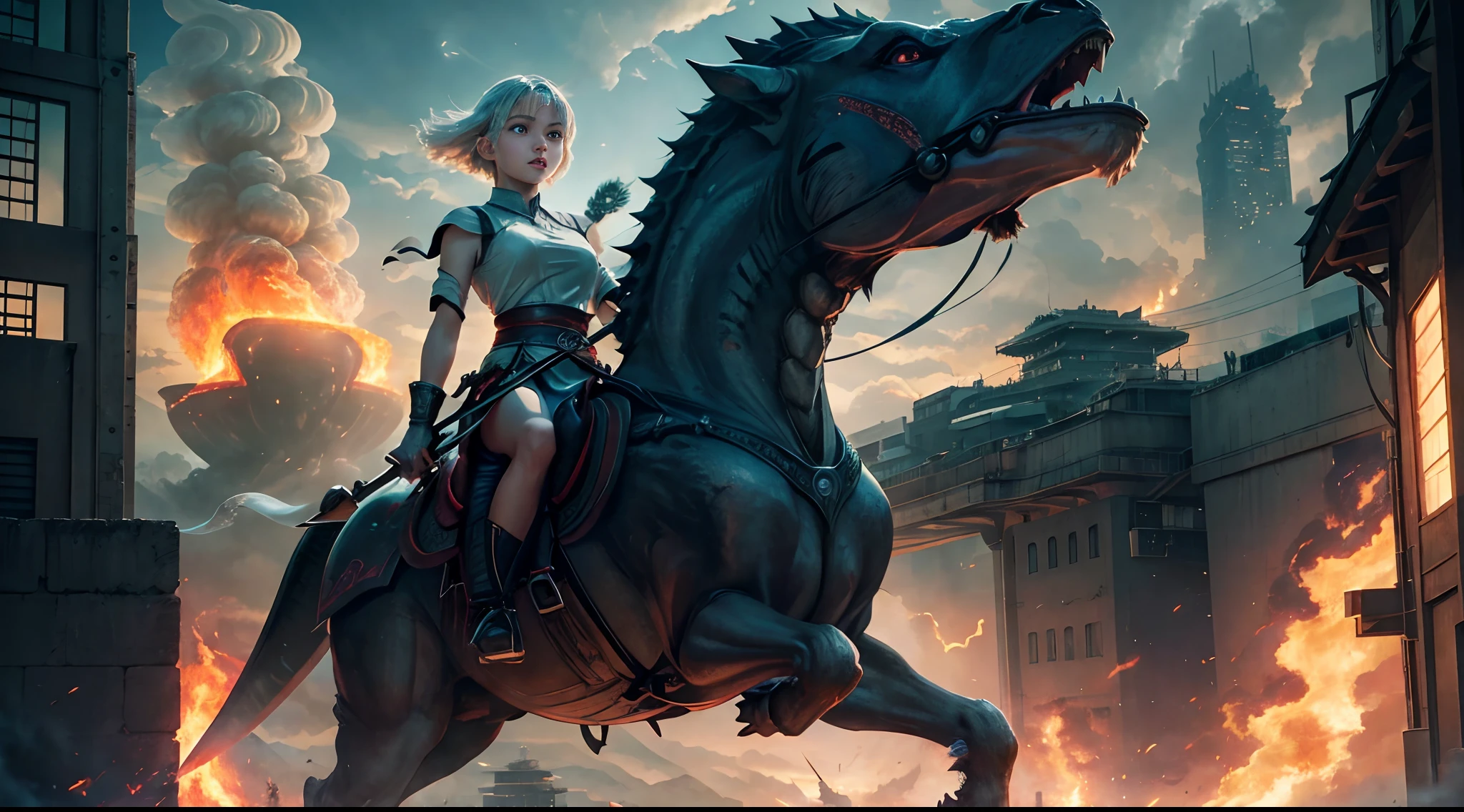 (Best Quality, Masterpiece: 1.1), (Realistic: 1.4), Beautiful girl is riding on the gojira, flying in the sky, god ray ,teen, silver short hair, blue eyes, over the city, fractal art,Girl holds a sword in her right hand、gojira breathes fire from its mouth,The city on fire