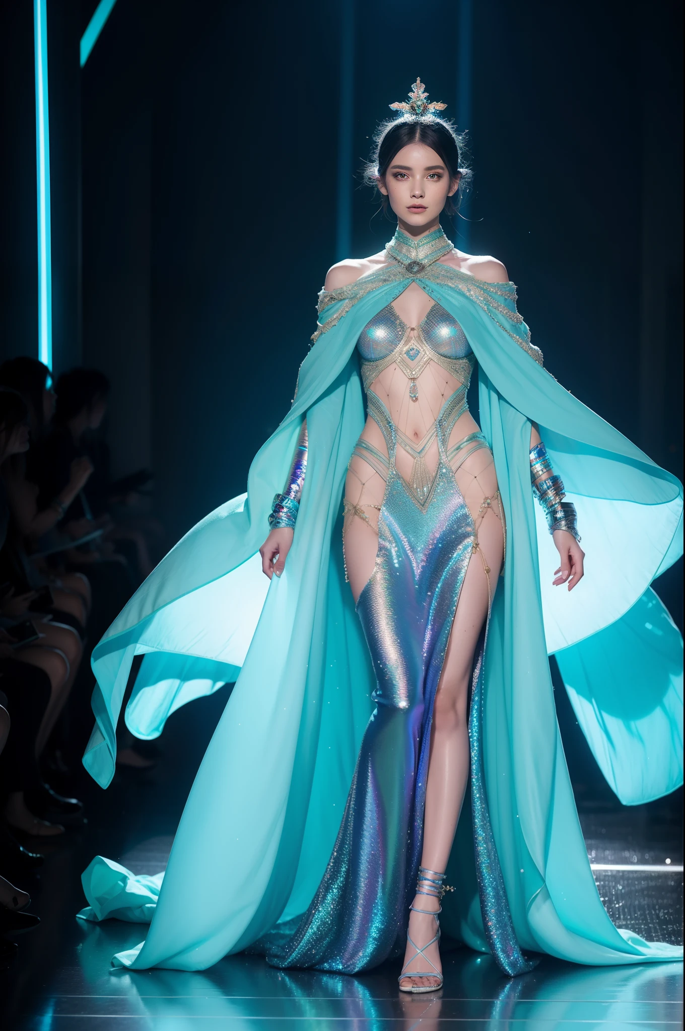 Otherworldly fantasy-inspired sartorial craftsmanship created with advanced generative algorithms. Models become mythic archetypes, draped in meticulously fabricated outfits evoking legends and lore. A warrior goddess commands the catwalk wearing digitally engineered armor of an ancient warrior civilization brought to life. Diaphanous optical fiber woven dresses glitter with holographic raiment befitting an elven queen. Energetic dance music pulses as a DJ mermaid creature emerges in a shimmering interactive sea-themed ensemble. Each garment tells a story, made real through radical new fabrication techniques and visionary design