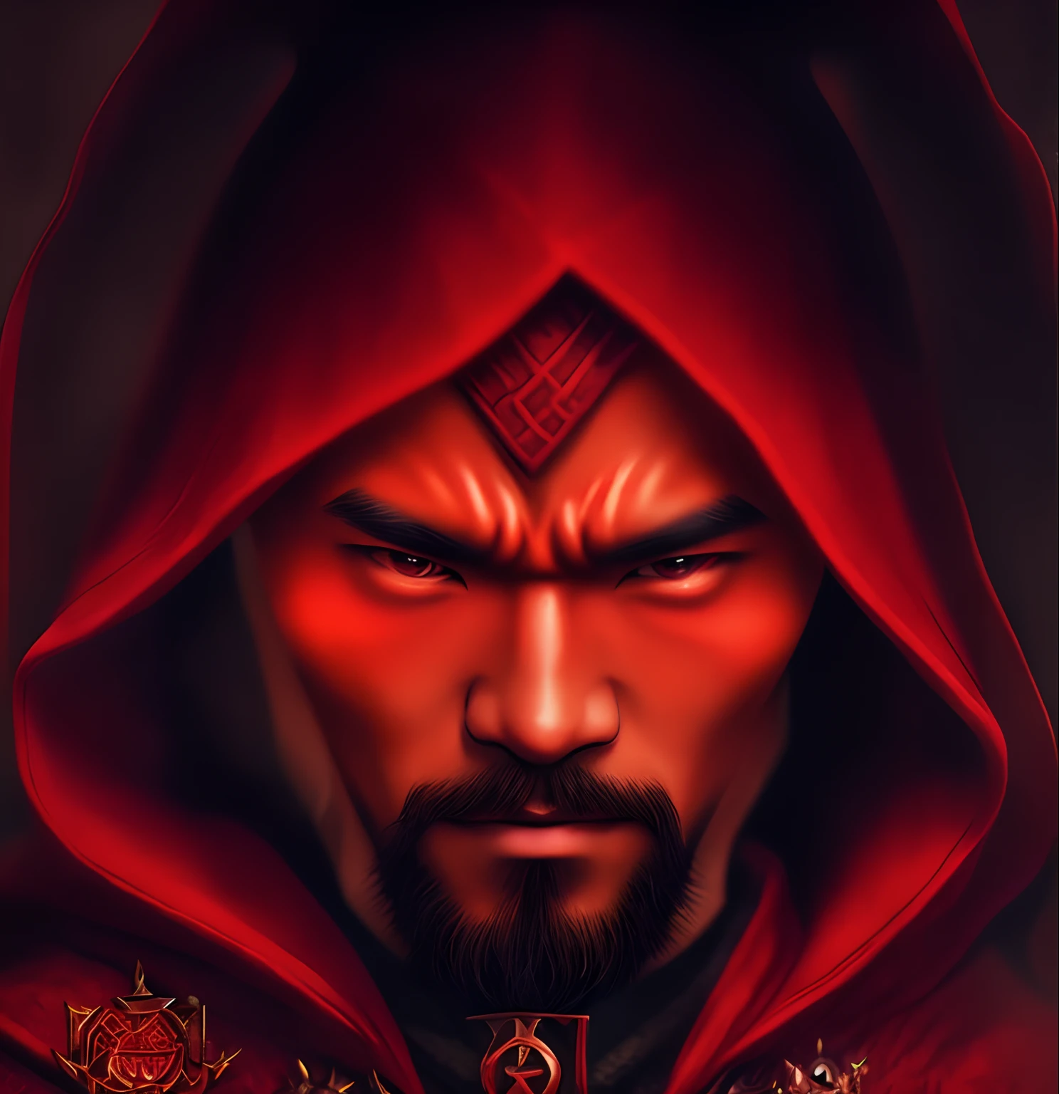 close up of rpg character, evil asian mage, goatee, hood, portrait of a wizard, asian, dungeons & dragons character portrait, red color, ultra high detail
