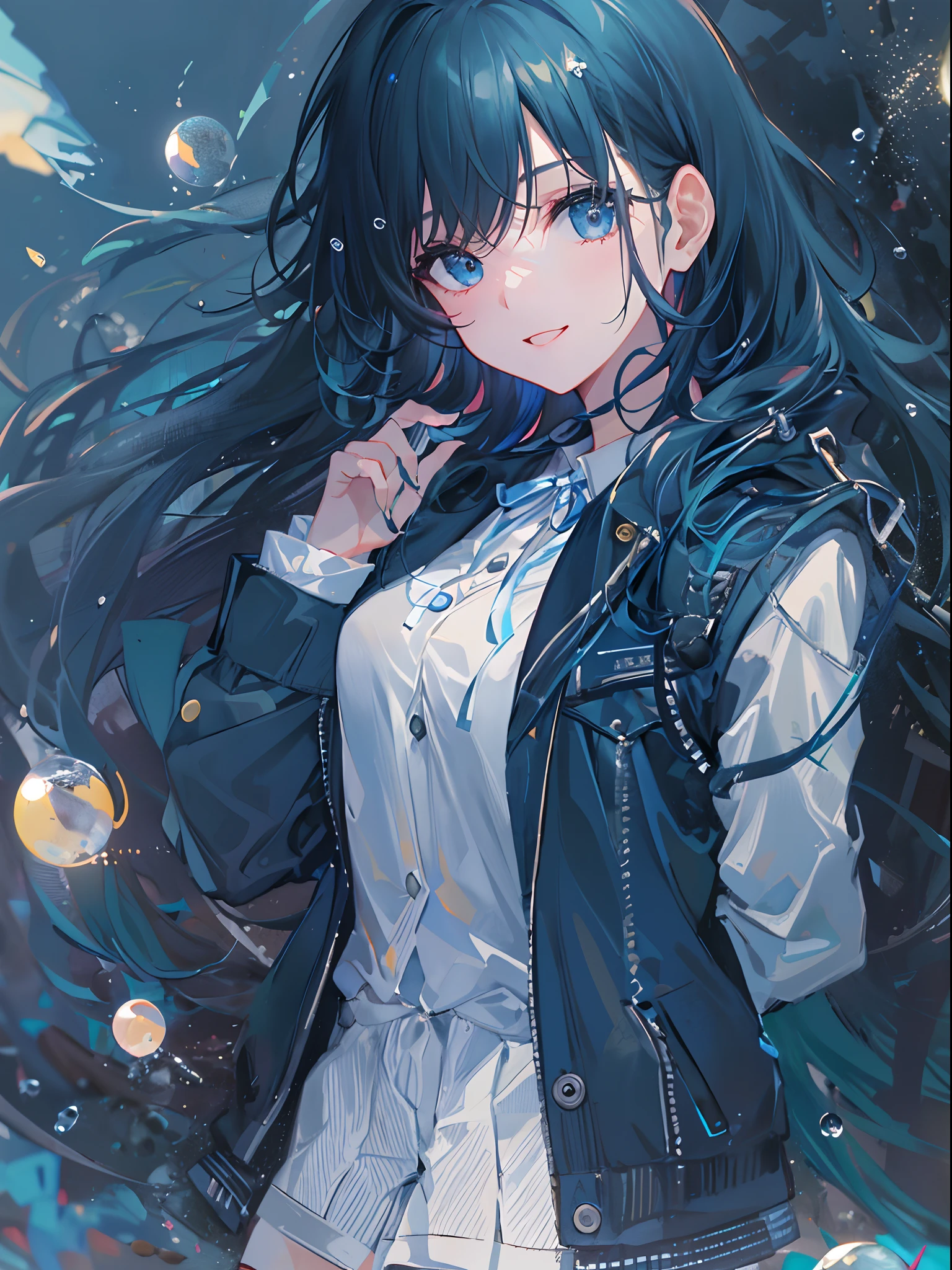 ((top-quality)), ((​masterpiece)), ((ultra-detailliert)), (extremely delicate and beautiful), girl with, 独奏, cold attitude,((Black jacket)),She is very(relax)with  the(Settled down)Looks,A dark-haired, depth of fields,evil smile,Bubble, under the water, Air bubble,bright light blue eyes,Inner color with light blue hair and dark blue tips,Cold background,Bob Hair - Linear Art, shortpants、knee high socks、White uniform like school uniform、Light blue ribbon ties、Clothes are sheer、Hands in pockets