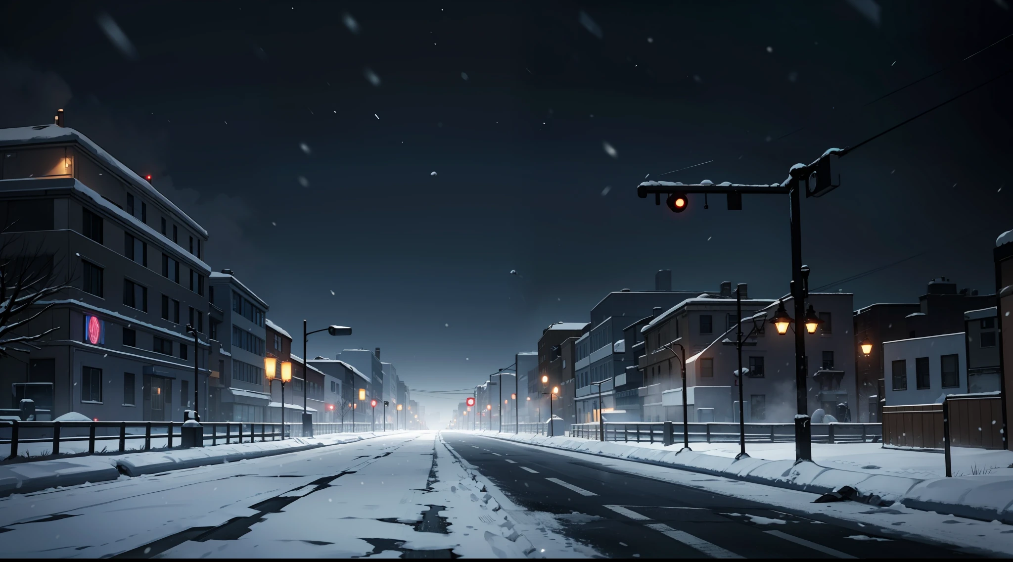 apocalyptic winter, snowfall, dark, empty streets, cinematic, 4k, wallpaper, grand view, empty feeling