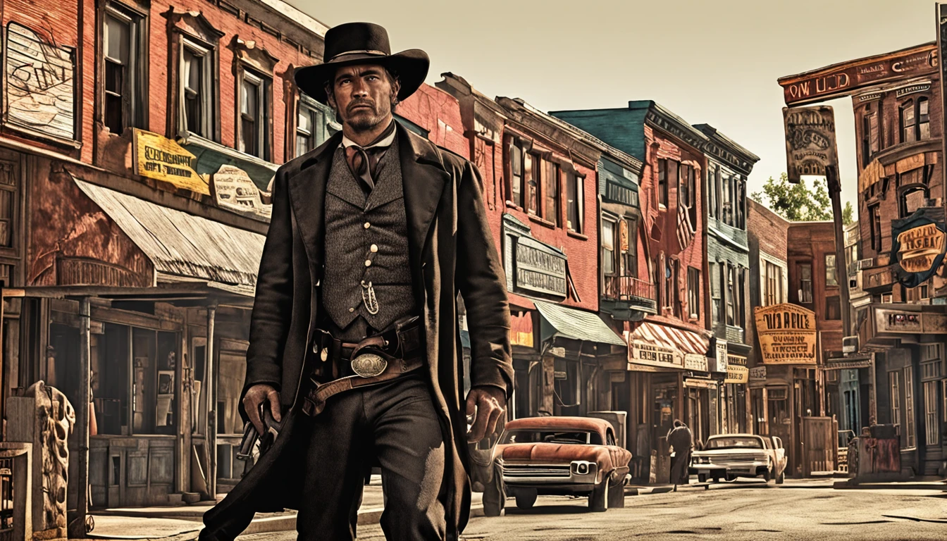 old american west - Drawing - gunslinger, 35 years old, dark hair, - black hat riding dark horse - city street
- realistic - cinematic - colorful -- ar 16:9