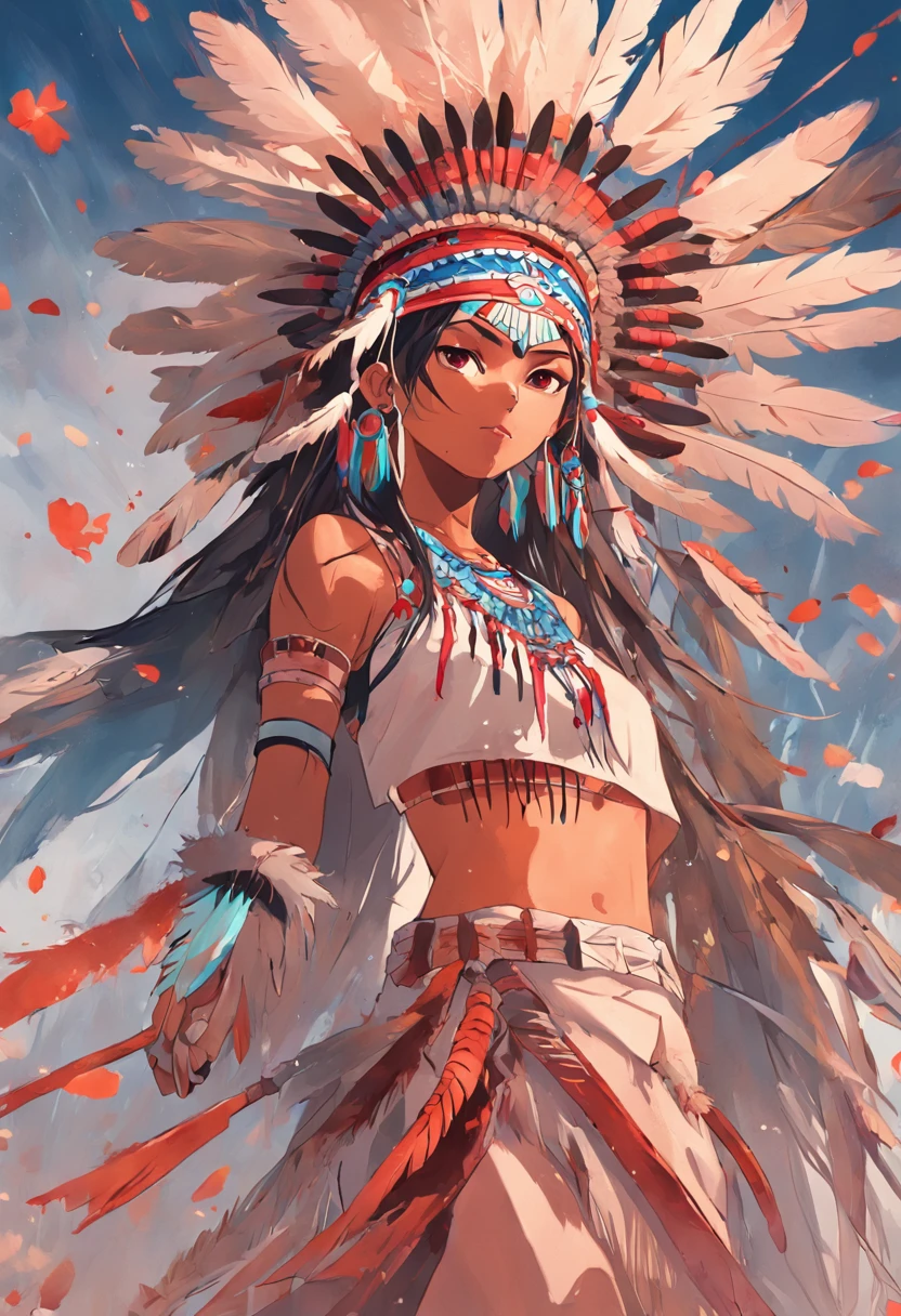 Christophe Young style; painting of award winning full body portrait of a beautiful native american woman with head a native american headdress, holding a Bow , paint splashes, hair blowing in the wind, flower petals, willow tree in background, outrun, digital art, trending on artstation, highly detailed, fine detail, intricate