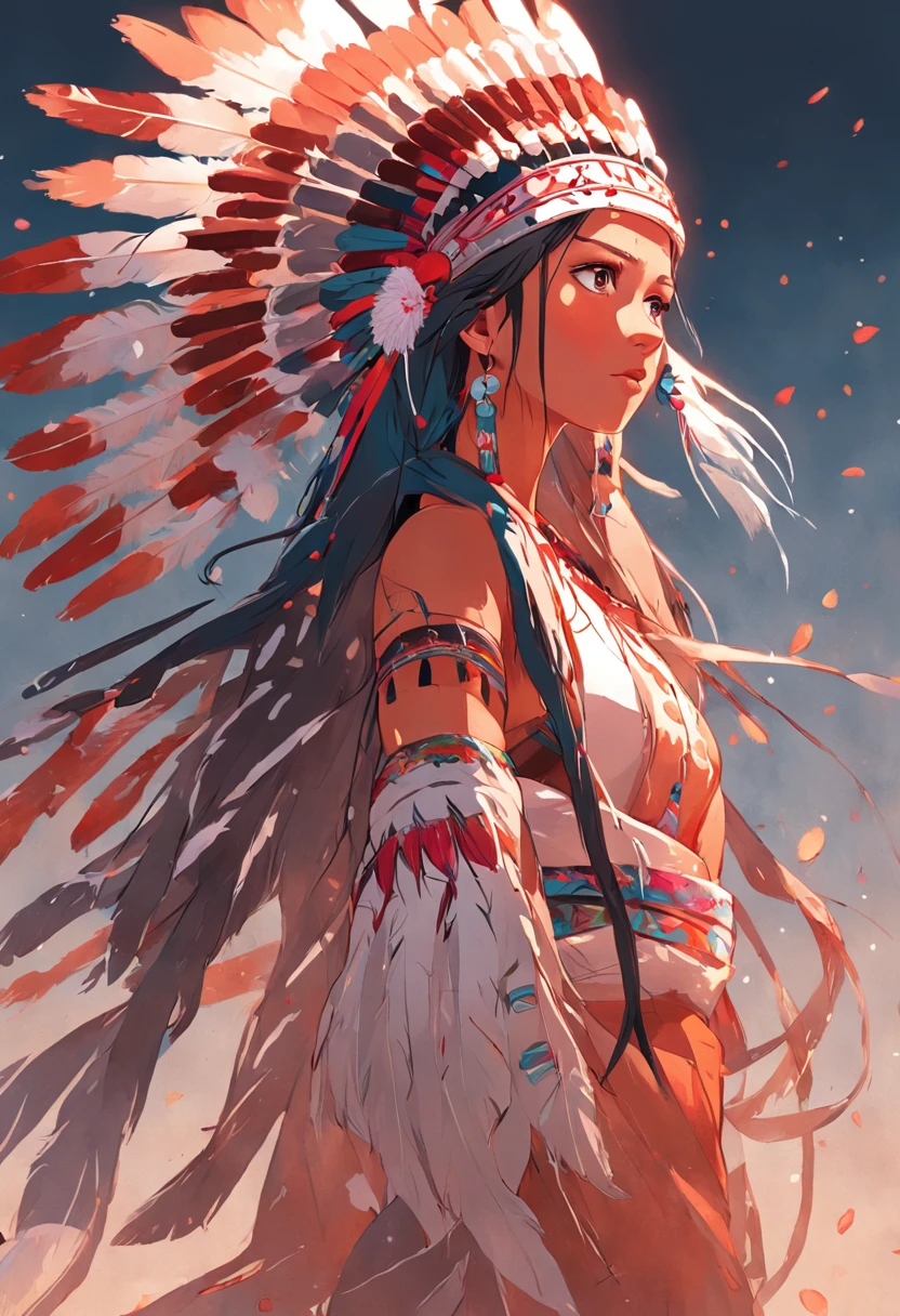 Christophe Young style; painting of award winning full body portrait of a beautiful native american woman with head a native american headdress, holding a Bow , paint splashes, hair blowing in the wind, flower petals, willow tree in background, outrun, digital art, trending on artstation, highly detailed, fine detail, intricate