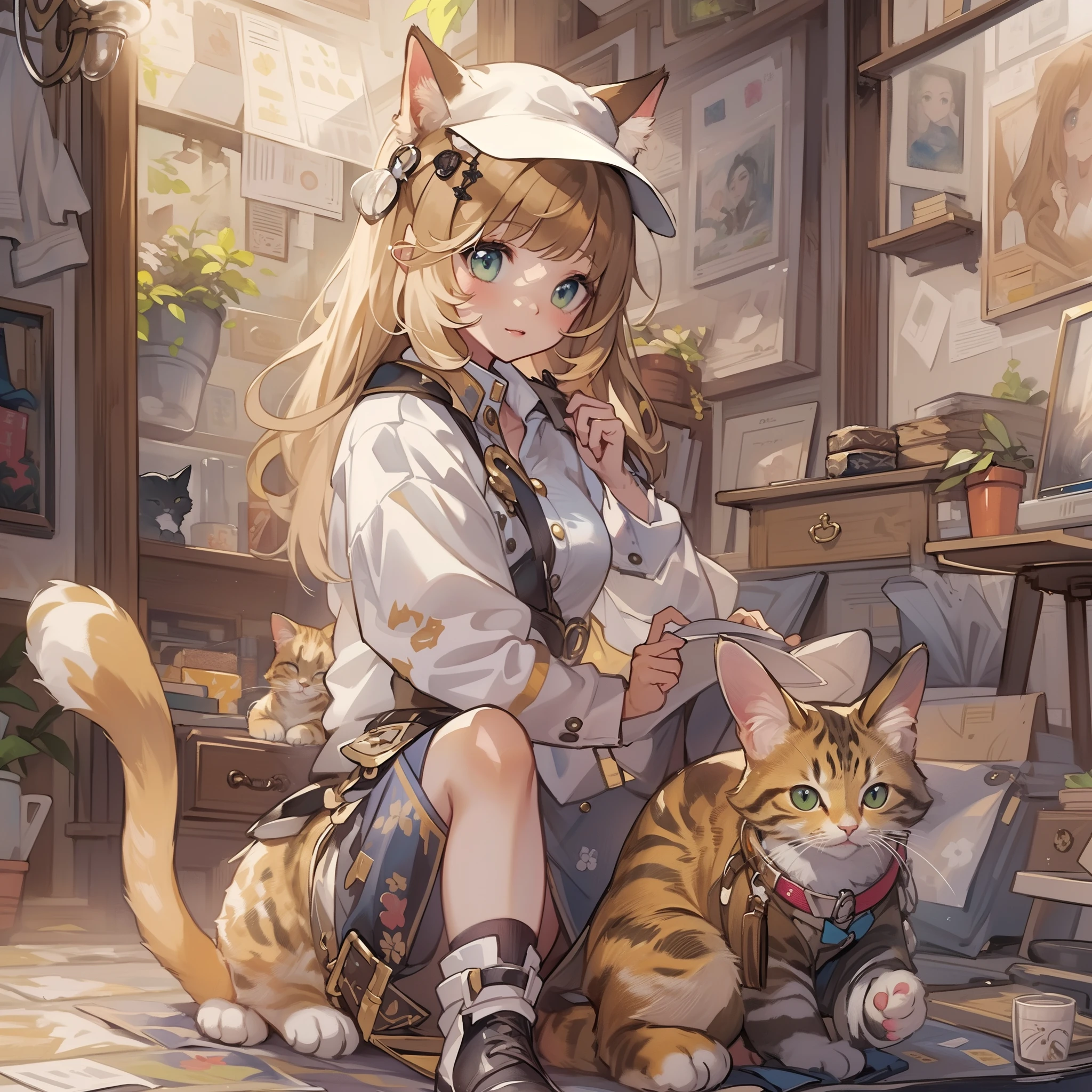 （（Awesome Backgrounds 1.5））((Best quality1.2))、((Masterpiece 1.2))、watercolor paiting、((Fashionable clothes))、((Take a cute cat 1.5))、