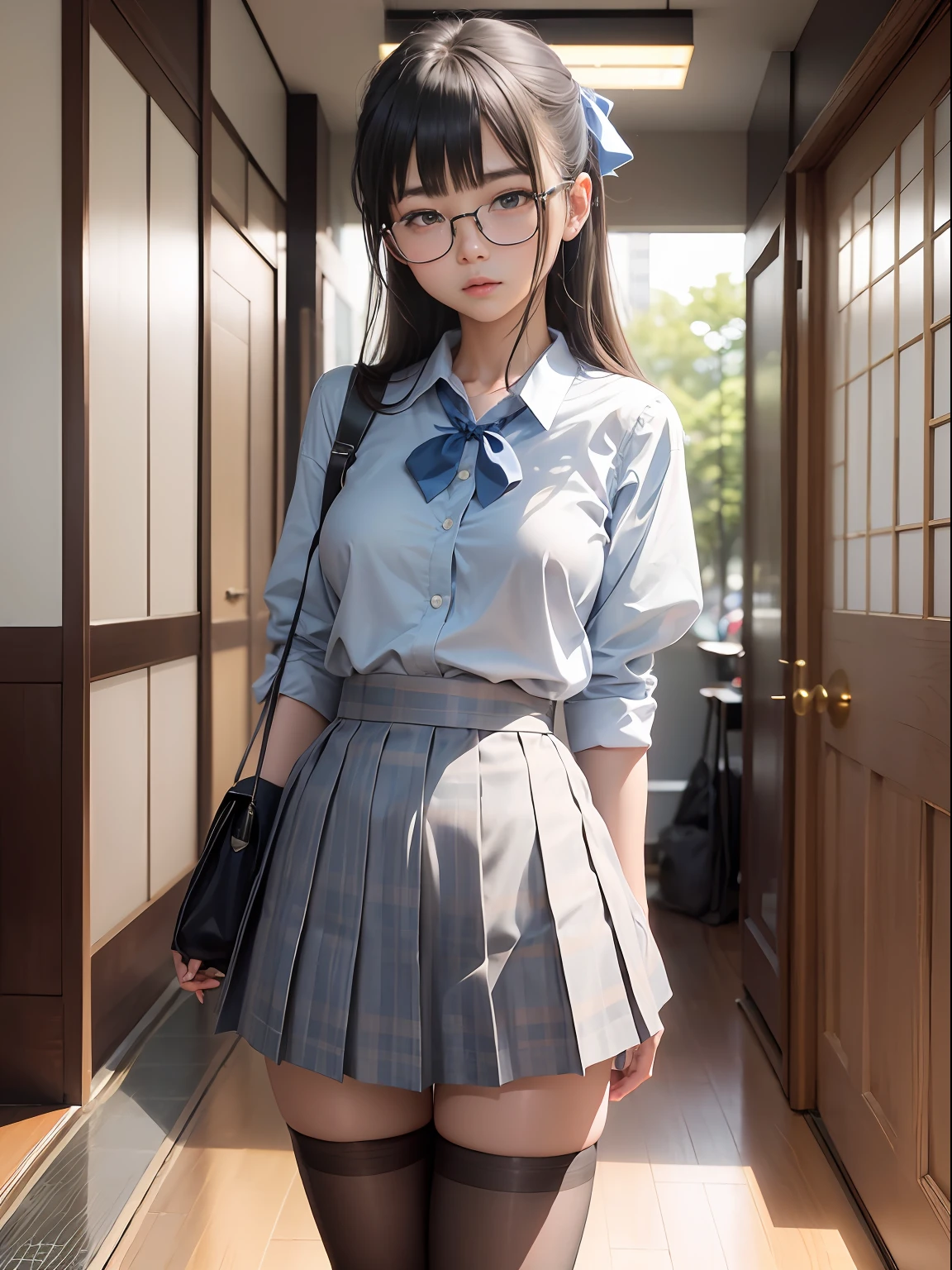 (8K、Raw photography、top-quality、masterpiece:1.2),watching at viewers,Looking at the front,Bullish,Erotic,Pupils,Light Blue Bra,de pele branca,kne,(Black pantyhose),absurderes,a small face,small tits,flat breast,Parting the bangs from the middle、Forehead visible,(be shy,Tight eyes,glares,Bullish,skinny,Rasping,irate)、masterpiece,top-quality、超A high resolution,Raw photo,ren,Beautiful fece,One Person, 独奏,eye glass,,Small breasts,fullllbody,Round glasses、cute little、Back to Student,JK school uniform,hi-school girl,A Japanese Lady,is standing,(Photorealsitic:1.37)、Photon mapping,Realistic、Cute little face,Brown-eyed、Black socks、(Red bow tie)、Radio City、Physically Based Rendering、Foreground、depth of fields、Blurry background、a picture,The girls、Body,beauty legs, Long legs, Thin leg,Tie your hair into one strand on your chest,(Bangs are visible), hair, s lips, Blue_The eye, nosesoft,(Light blue shirt), (Navy and blue and white plaid pleated skirt), Knees are visible,Sheer clothing,, Thigh, Black cotton socks,Nogizaka Idol, 女優, Japanese ido,M-shaped legs