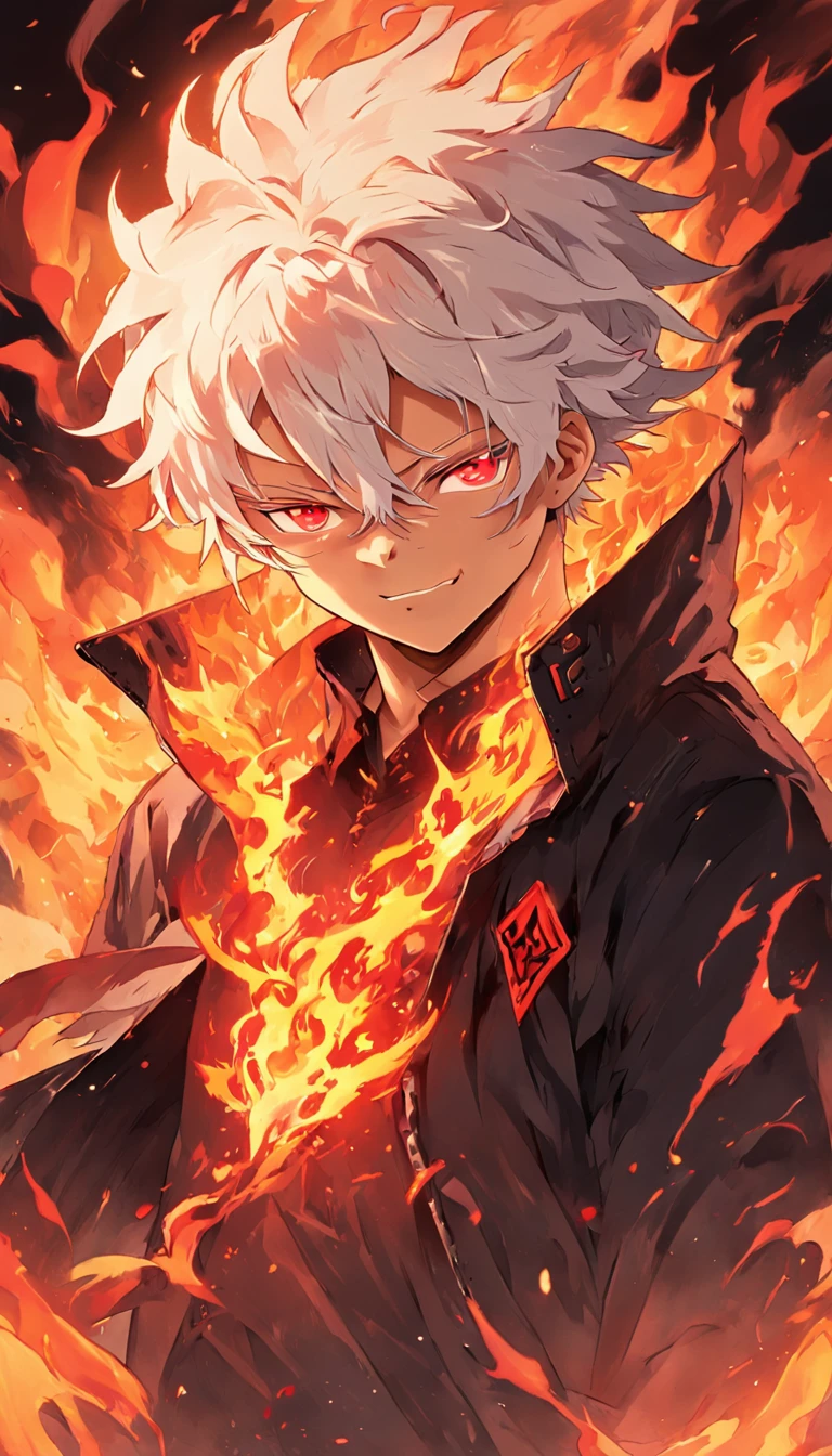 a white-haired, red-eyed man with a head of fire and a black jacket, engulfed in turbulent flames, fire behind him, detailed digital anime art, Nagito Komaeda, engulfed by flames, holy flame spell, handsome guy in demon slayer art, flaming hair, by Yang J, flaming wreath, completely composed of fire, hair made of fire
