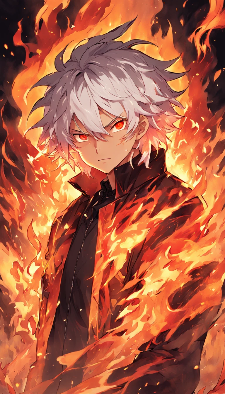 a white-haired, red-eyed man with a head of fire and a black jacket, engulfed in turbulent flames, fire behind him, detailed digital anime art, Nagito Komaeda, engulfed by flames, holy flame spell, handsome guy in demon slayer art, flaming hair, by Yang J, flaming wreath, completely composed of fire, hair made of fire