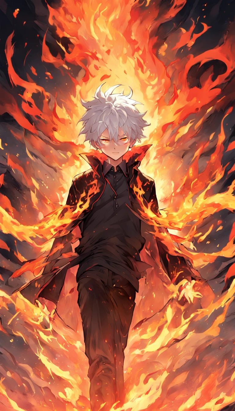 a white-haired, red-eyed man with a head of fire and a black jacket, engulfed in turbulent flames, fire behind him, detailed digital anime art, Nagito Komaeda, engulfed by flames, holy flame spell, handsome guy in demon slayer art, flaming hair, by Yang J, flaming wreath, completely composed of fire, hair made of fire