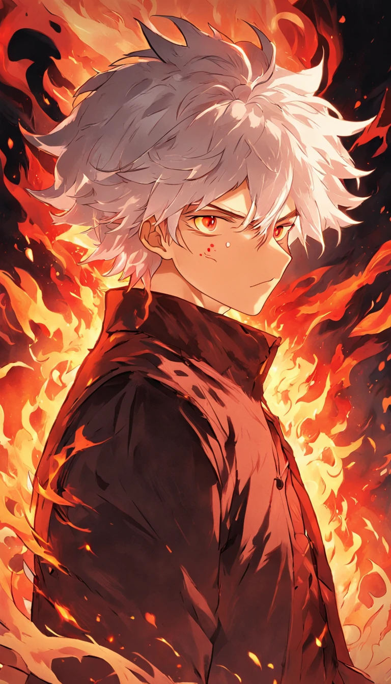 a white-haired, red-eyed man with a head of fire and a black jacket, engulfed in turbulent flames, fire behind him, detailed digital anime art, Nagito Komaeda, engulfed by flames, holy flame spell, handsome guy in demon slayer art, flaming hair, by Yang J, flaming wreath, completely composed of fire, hair made of fire