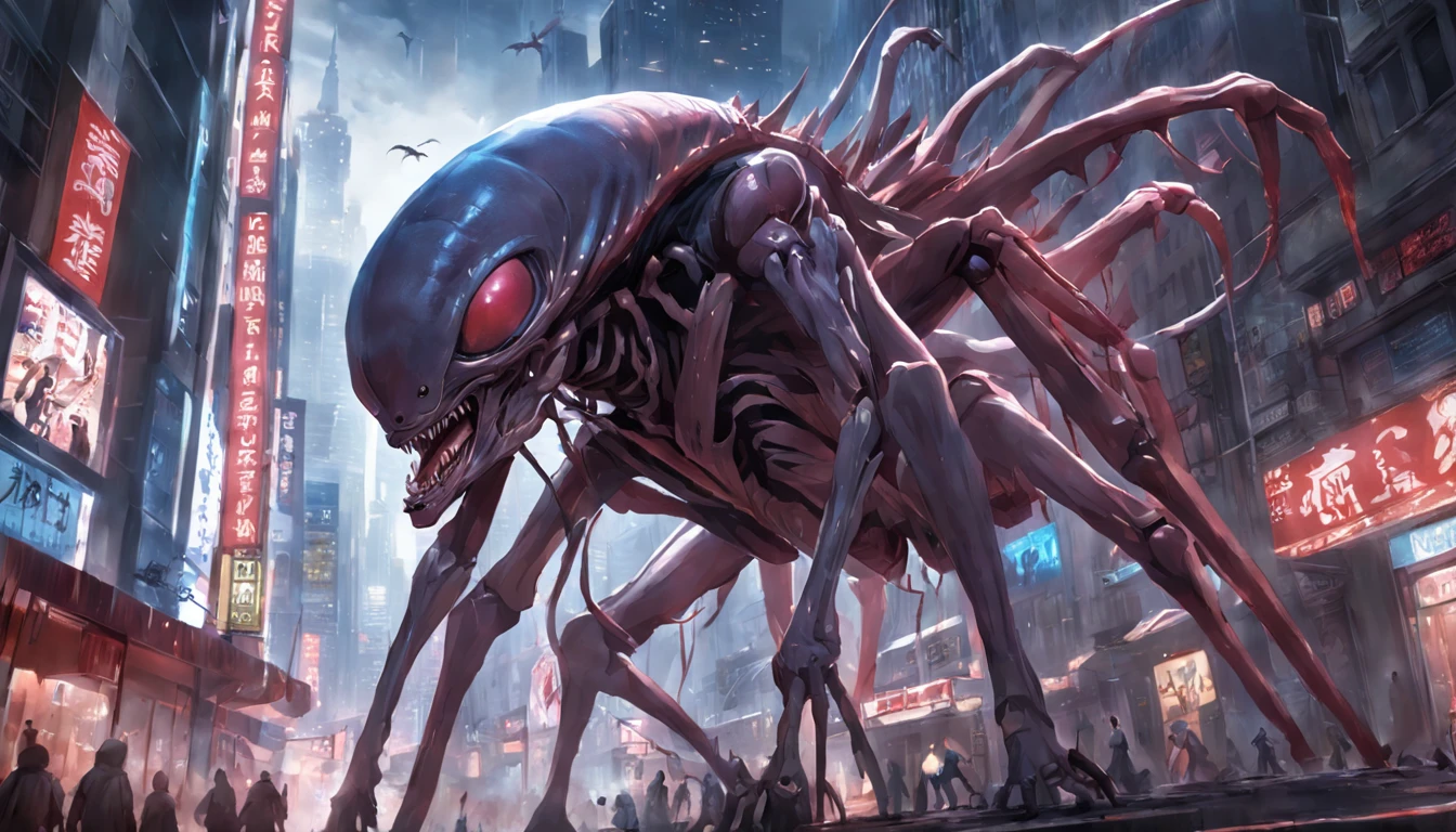 Invading aliens,Invasive insects,8 legs,uncanny,blood vess,,Murderous,Full body like,combats,The city was destroyed,of a real,Facial features are carefully depicted,Realistic skin texture,Dark style,depth of fields,high light,Real light,Ray traching,oc rendered,Hyper-realistic,best qualtiy,8K,Works of masters,super-fine,Detailed pubic hair,Correct anatomy,sharp focus on eyes,Bokeh,Facial features are carefully depicted