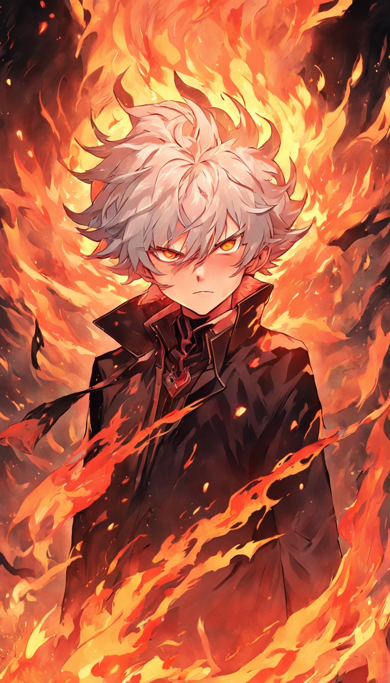 a white-haired, red-eyed man with a head of fire and a black jacket, engulfed in turbulent flames, fire behind him, detailed digital anime art, Nagito Komaeda, engulfed by flames, holy flame spell, handsome guy in demon slayer art, flaming hair, by Yang J, flaming wreath, completely composed of fire, hair made of fire