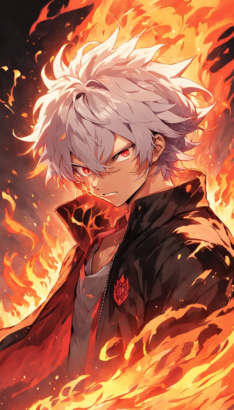 a white-haired, red-eyed man with a head of fire and a black jacket, engulfed in turbulent flames, fire behind him, detailed digital anime art, Nagito Komaeda, engulfed by flames, holy flame spell, handsome guy in demon slayer art, flaming hair, by Yang J, flaming wreath, completely composed of fire, hair made of fire