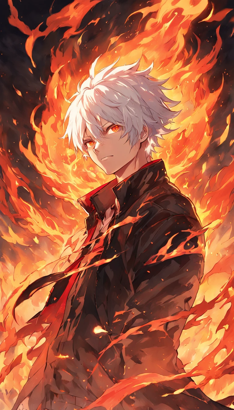 a white-haired, red-eyed man with a head of fire and a black jacket, engulfed in turbulent flames, fire behind him, detailed digital anime art, Nagito Komaeda, engulfed by flames, holy flame spell, handsome guy in demon slayer art, flaming hair, by Yang J, flaming wreath, completely composed of fire, hair made of fire