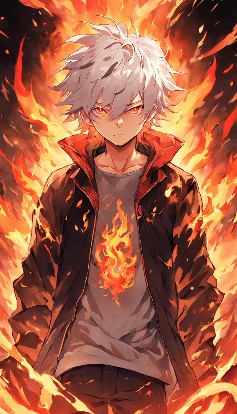 a white-haired, red-eyed man with a head of fire and a black jacket, engulfed in turbulent flames, fire behind him, detailed digital anime art, Nagito Komaeda, engulfed by flames, holy flame spell, handsome guy in demon slayer art, flaming hair, by Yang J, flaming wreath, completely composed of fire, hair made of fire