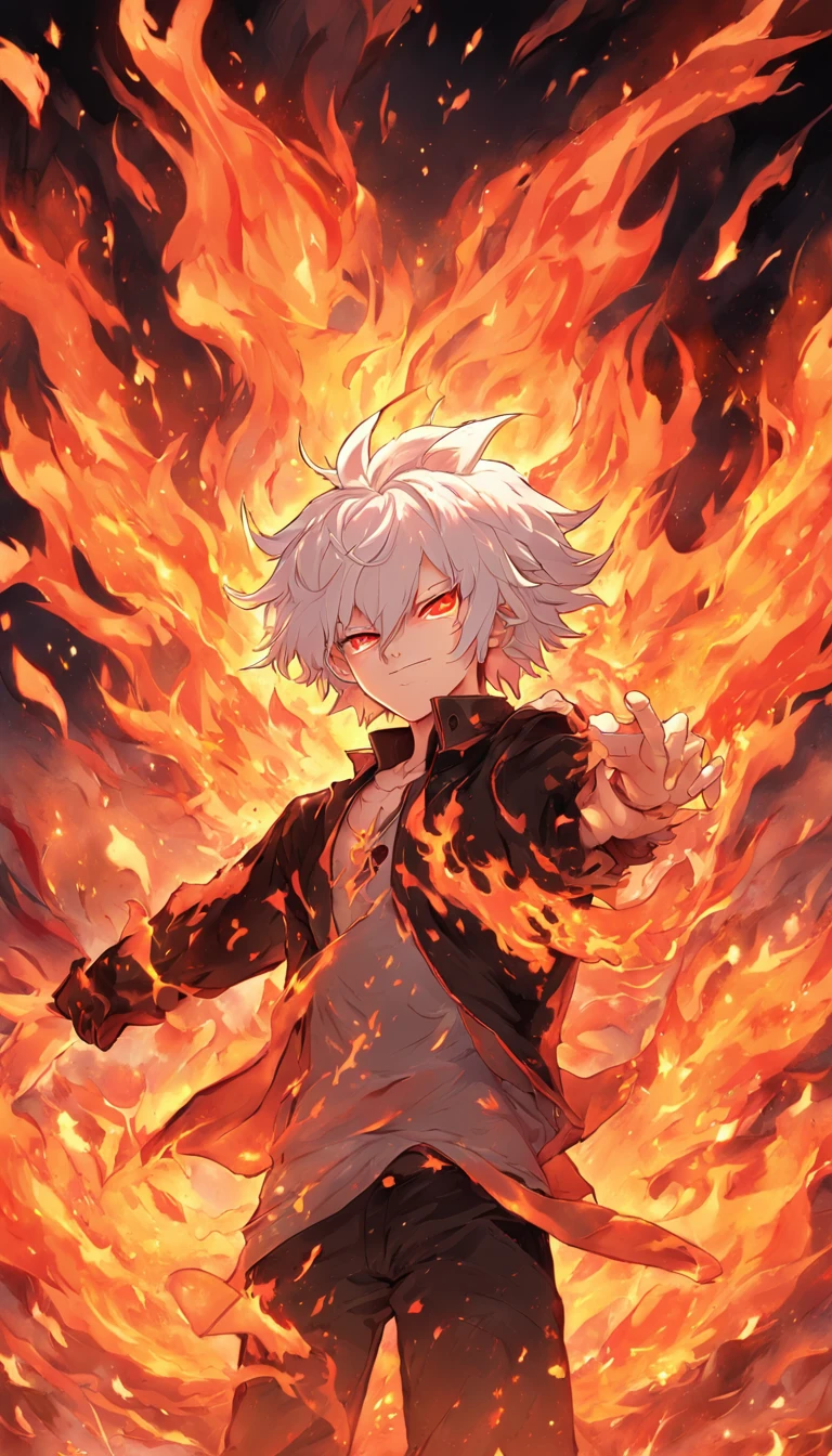 a white-haired, red-eyed man with a head of fire and a black jacket, engulfed in turbulent flames, fire behind him, detailed digital anime art, Nagito Komaeda, engulfed by flames, holy flame spell, handsome guy in demon slayer art, flaming hair, by Yang J, flaming wreath, completely composed of fire, hair made of fire