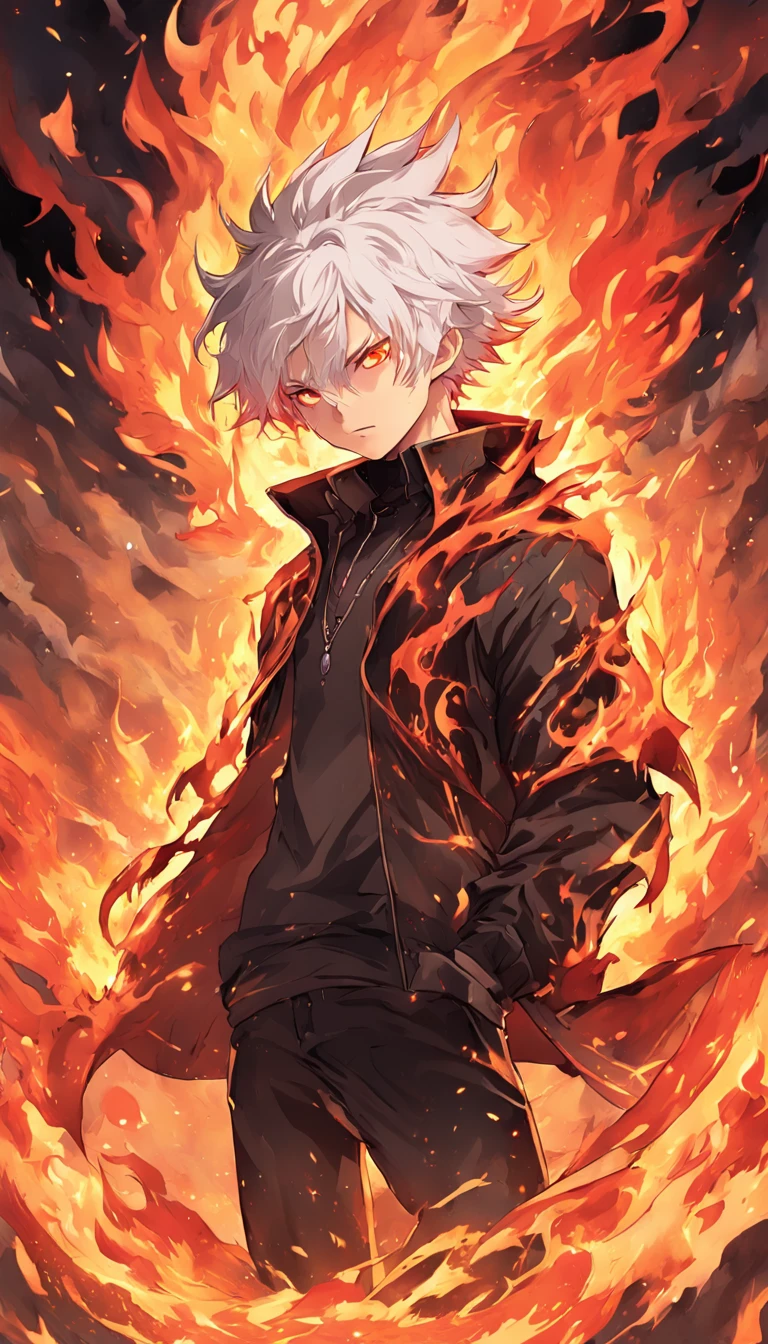 a white-haired, red-eyed man with a head of fire and a black jacket, engulfed in turbulent flames, fire behind him, detailed digital anime art, Nagito Komaeda, engulfed by flames, holy flame spell, handsome guy in demon slayer art, flaming hair, by Yang J, flaming wreath, completely composed of fire, hair made of fire