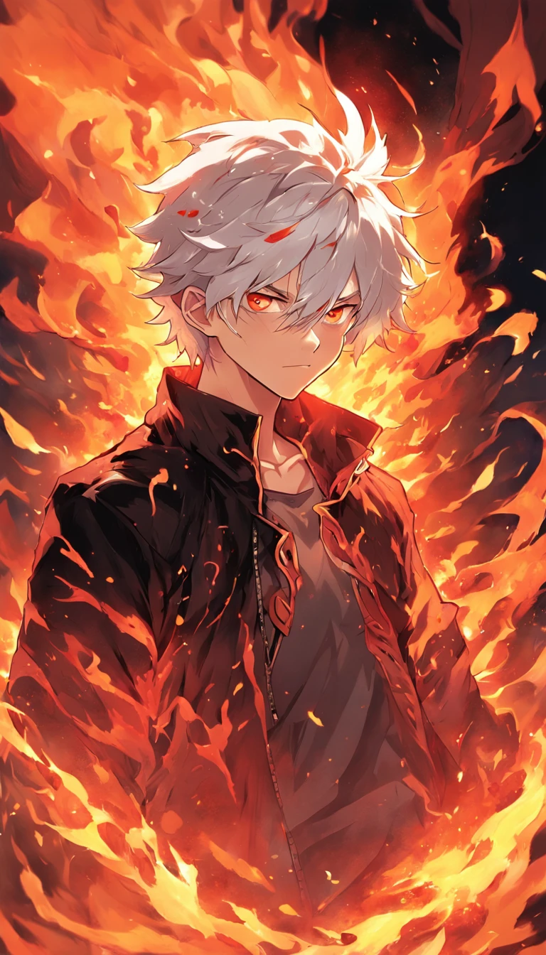 a white-haired, red-eyed man with a head of fire and a black jacket, engulfed in turbulent flames, fire behind him, detailed digital anime art, Nagito Komaeda, engulfed by flames, holy flame spell, handsome guy in demon slayer art, flaming hair, by Yang J, flaming wreath, completely composed of fire, hair made of fire