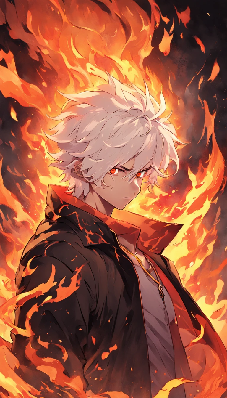 a white-haired, red-eyed man with a head of fire and a black jacket, engulfed in turbulent flames, fire behind him, detailed digital anime art, Nagito Komaeda, engulfed by flames, holy flame spell, handsome guy in demon slayer art, flaming hair, by Yang J, flaming wreath, completely composed of fire, hair made of fire