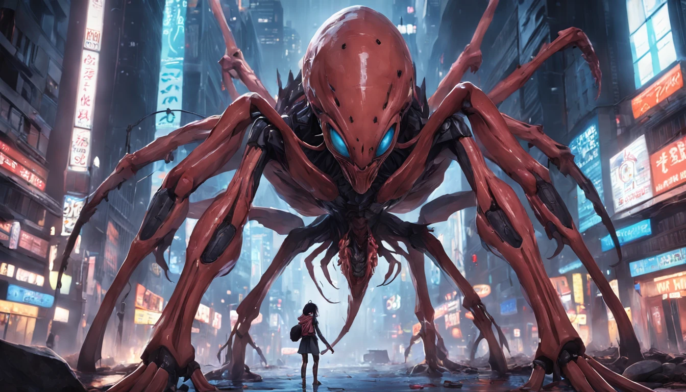 Invading aliens，Invasive insects，8 legs，uncanny，blood vess，，Murderous，Full body like，combats，The city was destroyed，of a real，Facial features are carefully depicted，Realistic skin texture，Dark style，depth of fields，high light，Real light，Ray traching，oc rendered，Hyper-realistic，best qualtiy，8K，Works of masters，super-fine，Detailed pubic hair，Correct anatomy，sharp focus on eyes，Bokeh，Facial features are carefully depicted