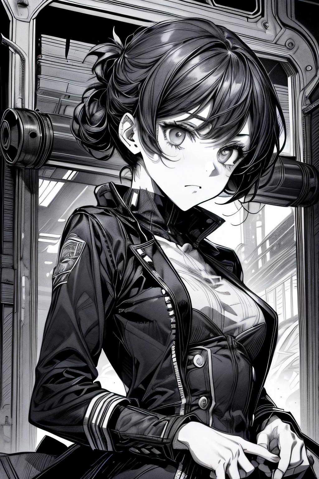 (Comic Noir Style),(linear art_Anime),(black-and-white_High contrast),(masutepiece, Best Quality, ),(Laura Bad Picture:1.2),(Lora Add Details:1.2),8K, Flat color:1.2,1girl in,Chibi,steampunc、machinery background