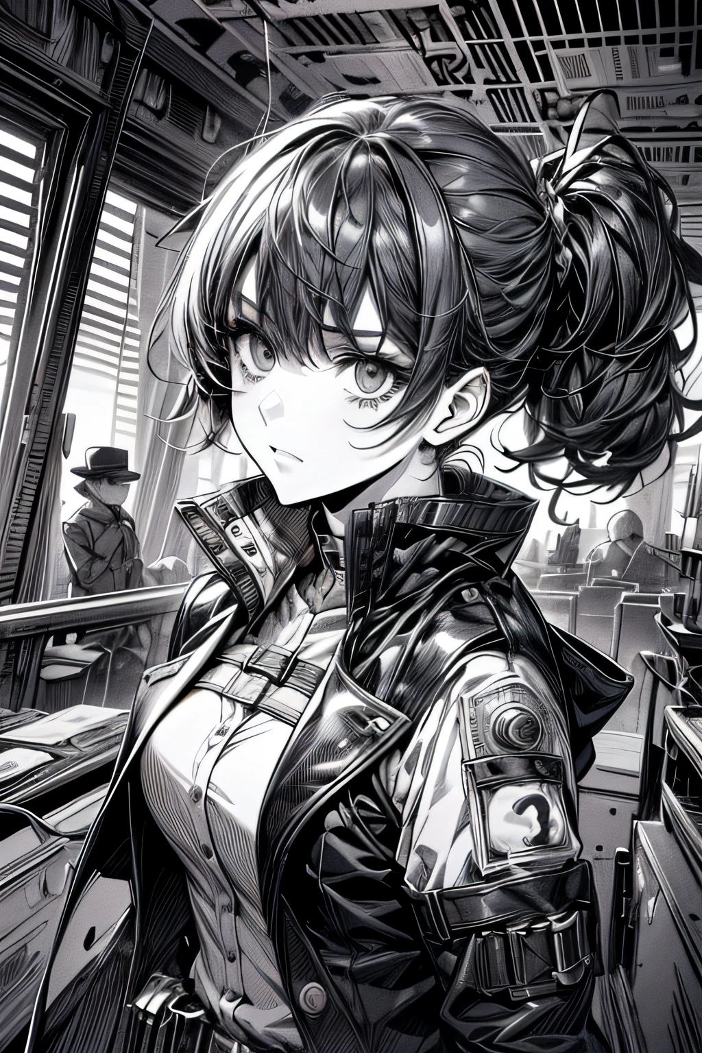 (Comic Noir Style),(linear art_Anime),(black-and-white_High contrast),(masutepiece, Best Quality, ),(Laura Bad Picture:1.2),(Lora Add Details:1.2),8K, Flat color:1.2,1girl in,Chibi,steampunc、machinery background