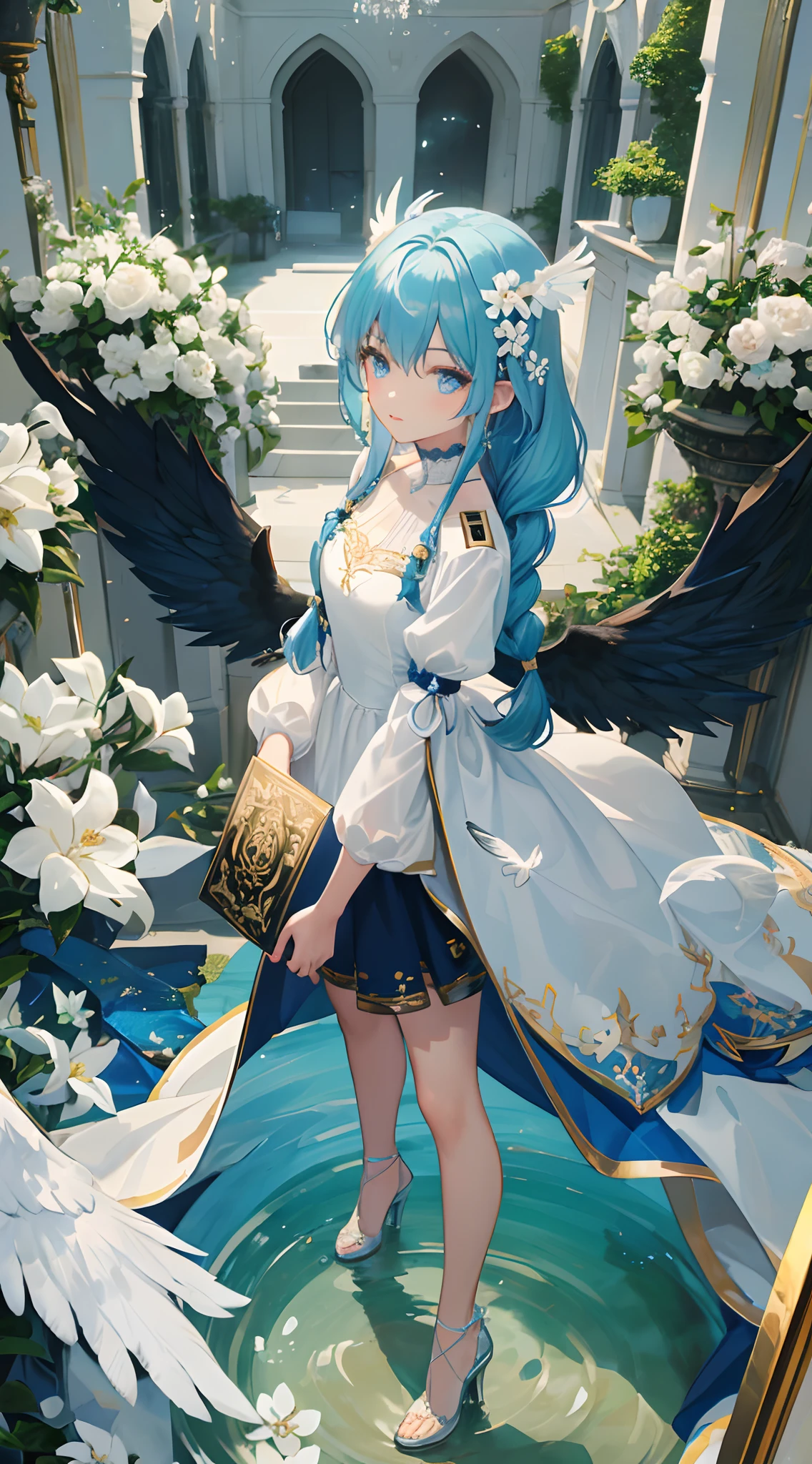 (looking-down),Dynamic Angle,ultra-detailliert, illustratio, gros-plan, Straight, One girl, (Fantasia:1.4), azure eyes,Very beautiful eyes,(Light blue hair:1.14),(Long hair,Braids,hair between eye,side locks), (+(White feathers:1.14)),(Chiffon dress,Blue floral pattern on uniform)(no sleeves),a choker,high-heels,Pink lips,(to stand), (classical Princess boudoir with dressing tableand french windowin a white ancient palaces),(white blossoms),(a dull blue world tree:1.14),Dreamy,(fluorescent),[Delicate fingers and hands:0.55],(Fine fingers),((Black Angel Wings)),((Holding a light blue book with both hands))