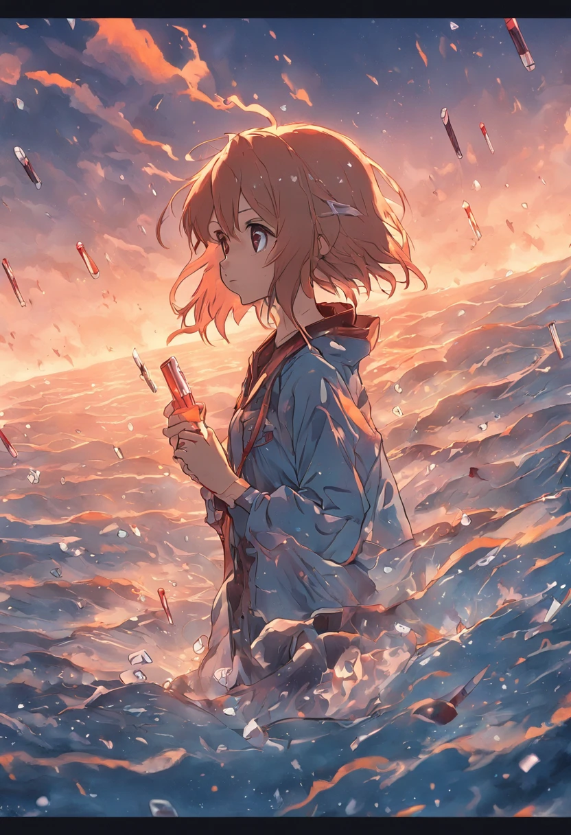 A pack of cigarette packs floats on the surface of the sea,Raindrops hit the sea,Dark and gloomy sky,There are no characters