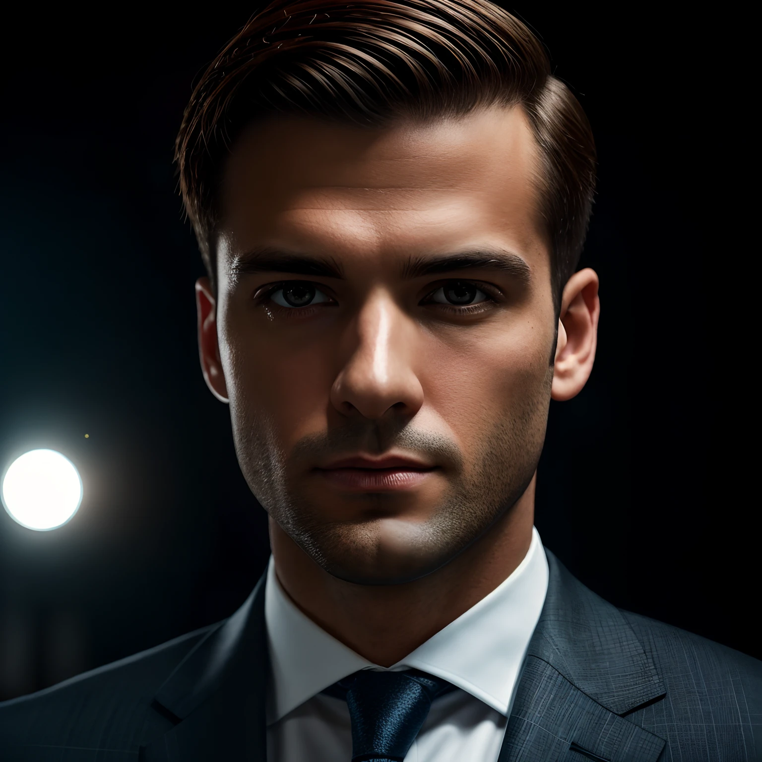 a Man standing with 30 years in suit and tie, body and head straight in the photo, DSRL, facing the viewer of the photo, eyes fixed to the lens, appears shoulders and head in the photo, man centered in the photo, 8k, best quality, masterpiece, realistic, realistic photo, movie photo, ultra realistic, 1 person, detailed, Perfect lighting, DSRL, professional photo, 4k