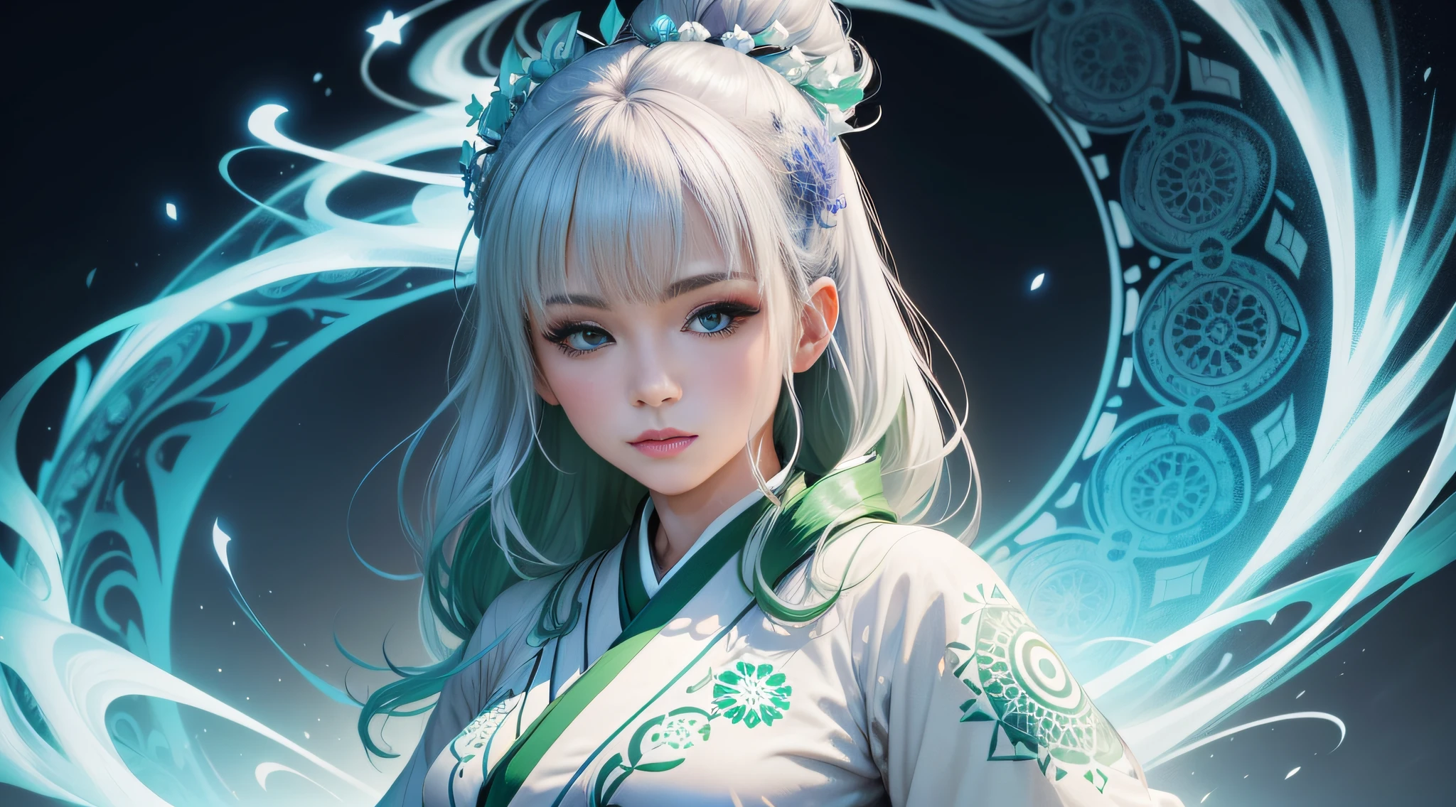 fille de 25 ans en kimono long blanc avec des mandala sur le kimono, une aura d'Energie autours de la fille de couleur bleu et vert