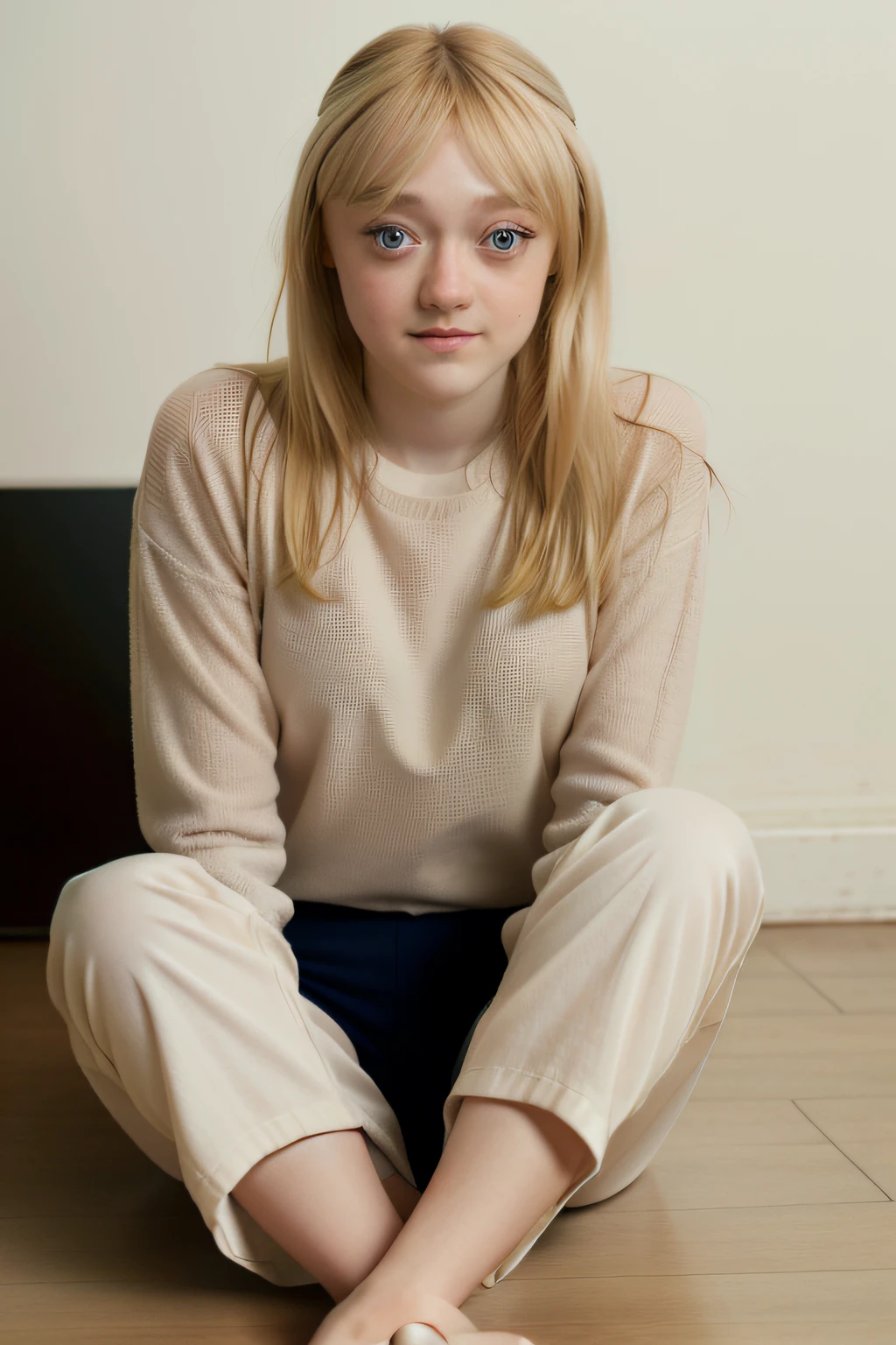 Photorealistic, dakota fanning, wearing long johns, wearing long johns long sleeve tight shirt, long blonde hair, full body shot, facial portrait, sexy stare, no background, black background, sitting on floor, smiling