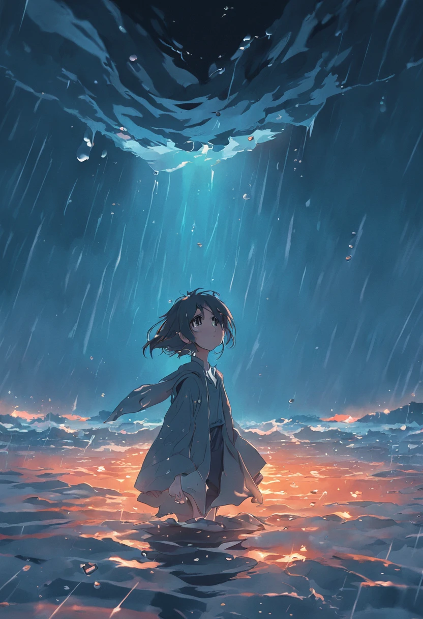 A folder floats on the surface of the sea,Raindrops hit the sea,Dark and gloomy sky