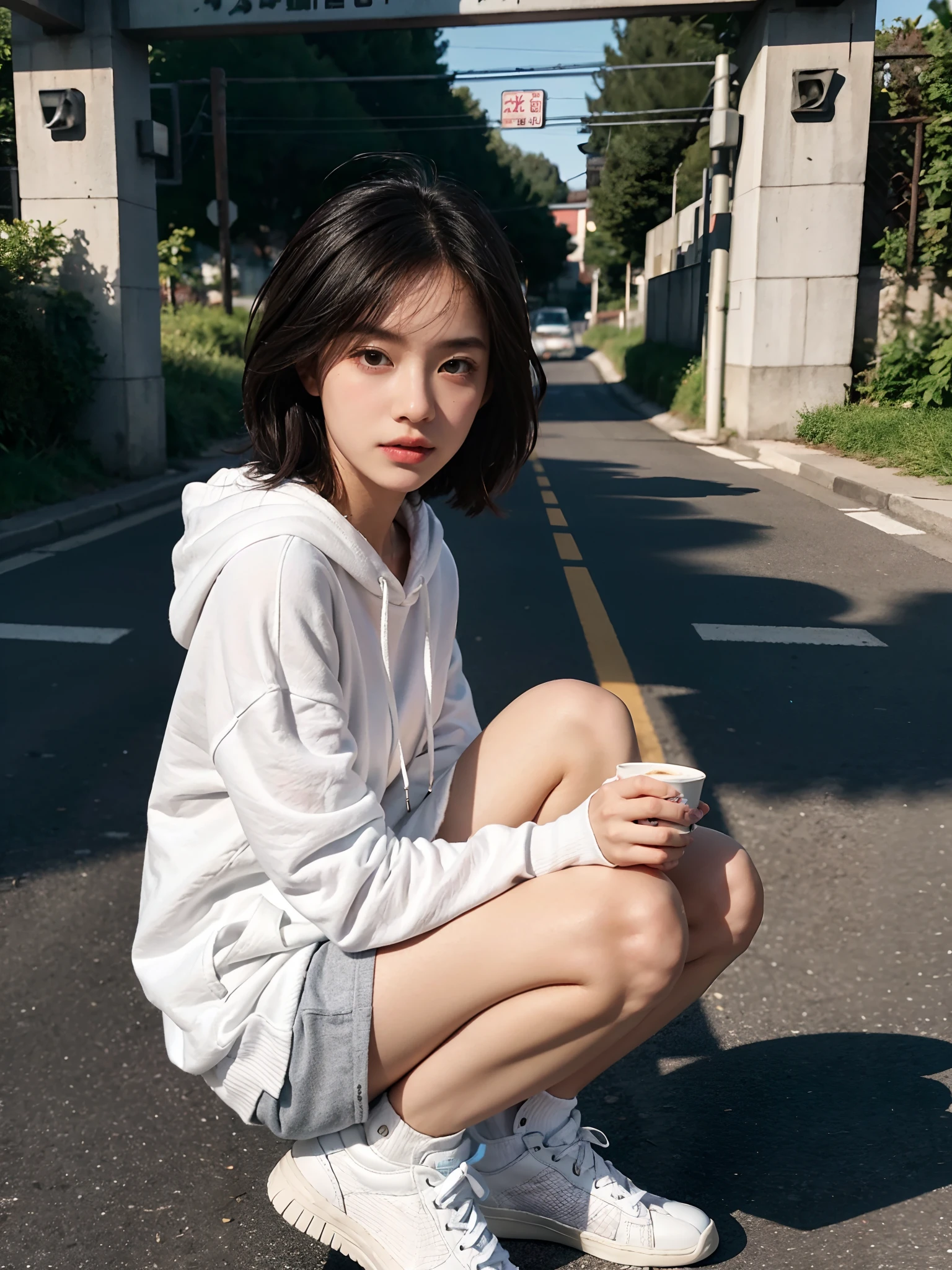 ((smallunderboob,Tomboyish,small heads)), (Well-defined abs: 1.1), (perfect bodies: 1.1), (short-length straighthair: 1.2), Black hair, fully body photo, Wear a white vest，（Transparent thin white hooded sweatshirt：1.1），Purple-gray yoga pants，White sneakers，（极其细致的CG 8k壁纸），（Extremely refined and beautiful），（tmasterpiece），（best qualtiy：1.0），（超A high resolution：1.0），beautiful light up，Perfect lightning，realistic shaded，[A high resolution]，Delicate skin，ultra - detailed ，The roadside is crowded，dense with greenery，At the school gate，Dusk light，Squat，Cup of coffee in hand