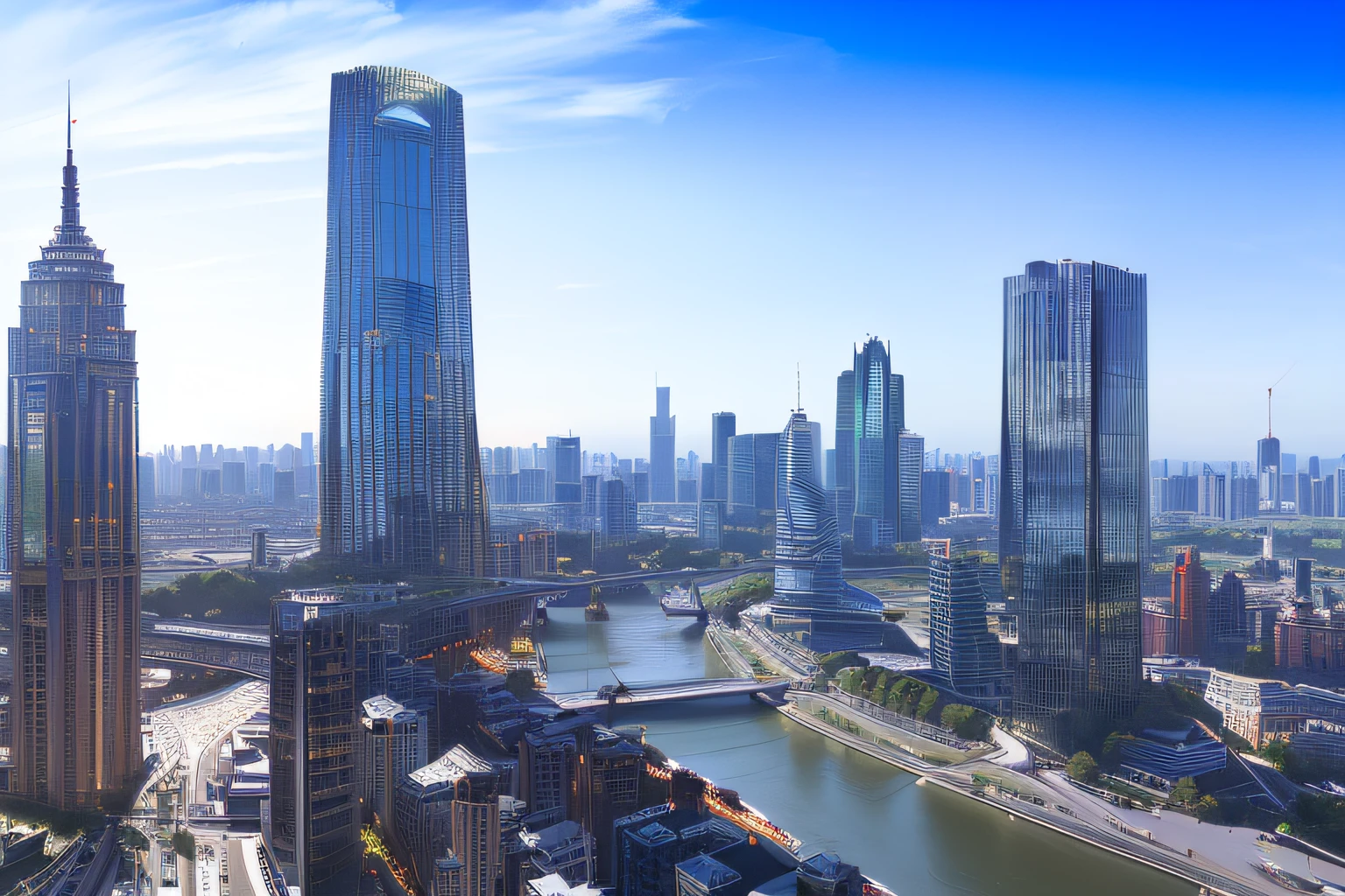 A frenetic landscape of a city with rivers and bridges, with tall glass skyscrapers, author:Chass is silent, shanghai, beijing, elegant bridges between towers, skyline showing, super wide view of a cityscape, aerial photograph of skyscraper, inspired by Zha Shibiao, soaring towers and bridges, upper view, looking from above