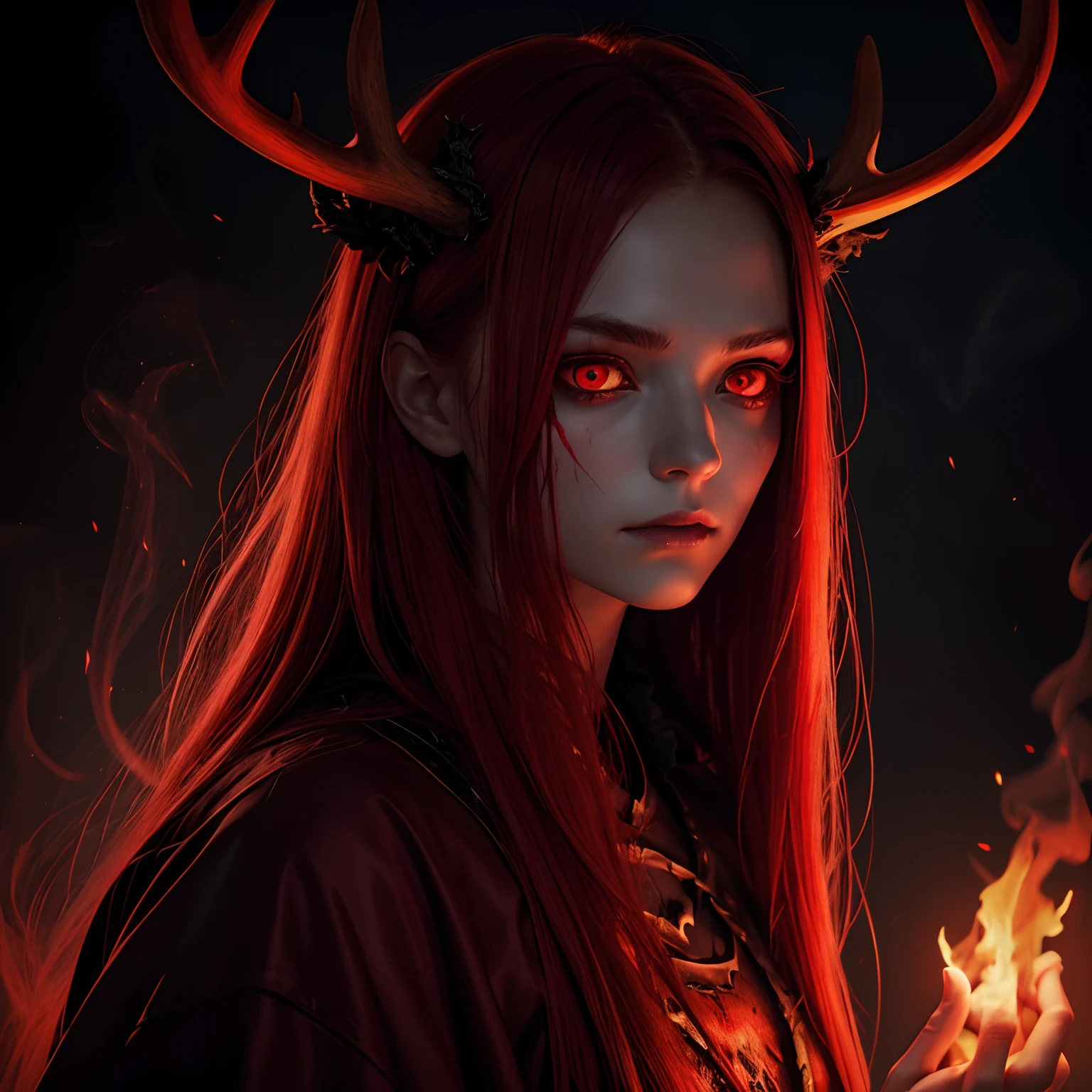 dark, unholy, evil, astral, creepy style, undead, rotting skin, mystical, nice perfect face with soft skin, young beautiful girl portrait on fire, red smoke, mist, night, red clothes long red hair, antlers glowing red eyes, from side, light red glow, void