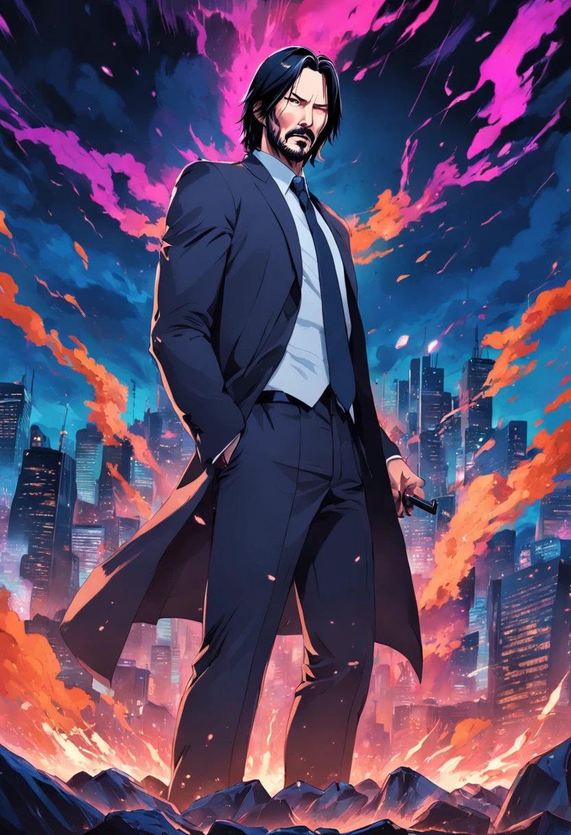 keanu reeves como john wick ::anime style vivid colors, corpo inteiro ::n_estilo olhos ruins, Deformations