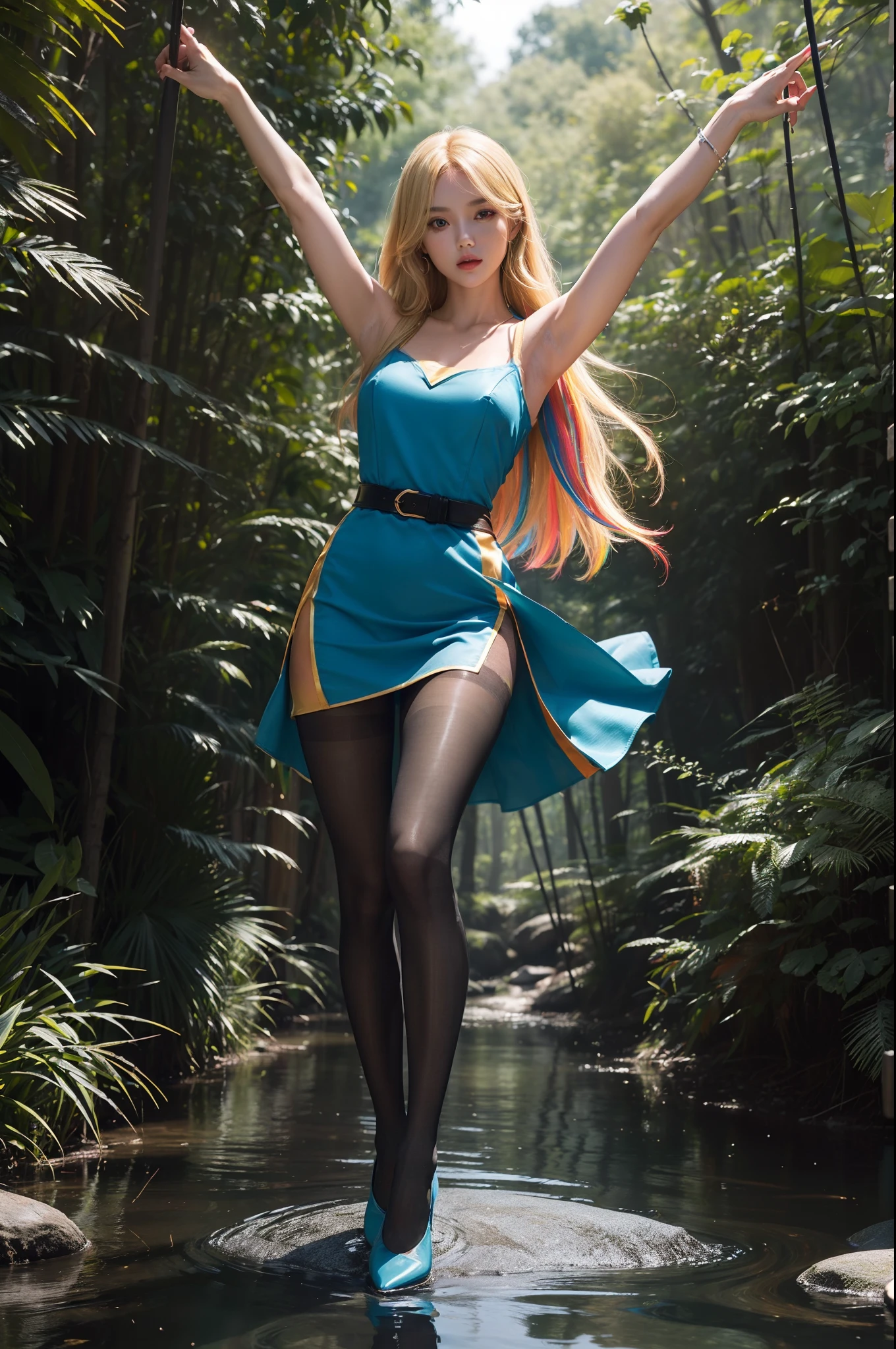 (full body:2)，(1girl:1.3),(view the viewer:1.4)，(anatomy correct:1.4),(((colorful pantyhose)):1.3), (pointed thick heels :1.3),,((Dancing By the creek in the forest):1.2),((Captain's Knee Length dress Set):1.3),(Extra Long blonde Hair:1.2),(Accurate and perfect face:1.3),(Long legs and big feet:1.3),((Polished clothing):1.2),((Skin reflection , Skin Gloss):1.2)，((((( colorful)))):1.2)，hyper HD, Ray traching, reflective light， structurally correct, Award-Awarded, high detail, lighten shade contrast, Face lighting ，cinematic lighting, masterpiece, super detailing, high quality, high detail, best quality, 16k，High contrast,