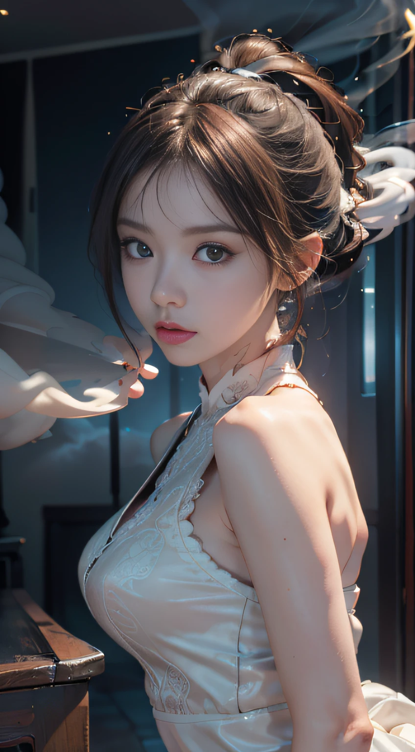 Unbeatable masterpiece, Ultra photo realsisim, Perfect artwork, Intricate details, Best quality, Strong light,High contrast, (Bare shoulders:0.85),((glowing ambiance, enchanting glow, luminouslighting, Ethereal atmosphere, A mesmerizing glow, evocative hues, captivating coloration, Dramatic lighting, Enchanting aura)),1girll,Masterpiece,Best quality,1girll,(in clouds of smoke:1.1),(Dynamic smoke is everywhere:1.4),(Upper body:1.2),(1 Chinese pattern in the middle of the girl's forehead),A girl with a weak temperament,,(epic cinematic),Soft natural light,rim-light,Absurd,Amazing,Funny,复杂,ultra - detailed,Pink flowers,pastelcolor,,White flowers pink flowers,