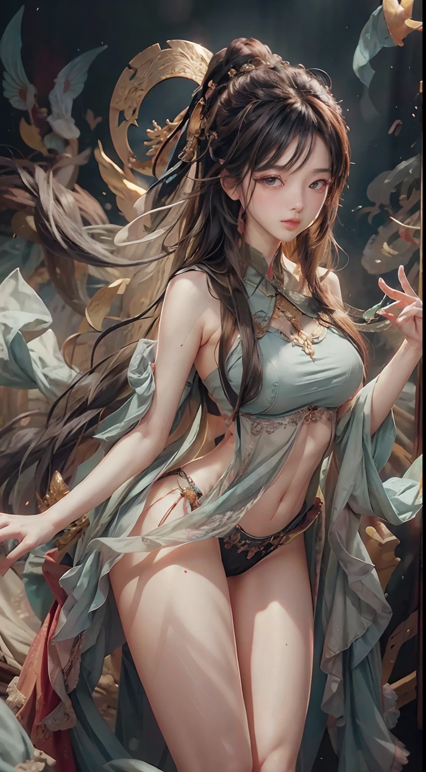(RAW Photo, Best Quality), (Realistic, Photo Realistic: 1.3), Best Quality, Highly Detailed, Masterpiece, Ultra Detailed, Illustration, 1 Girl, upper_body, Dynamic Angle, World Mastery Theater, messy_long_hair, Best Quality, Extremely Detailed CG Unified 8k Wallpaper, Ink, Amazing, Cinematic Lighting, Beautiful Rendering of lens_flare, dunhuang_style, Tang Dynasty, (Flying Pose: 1.2)
